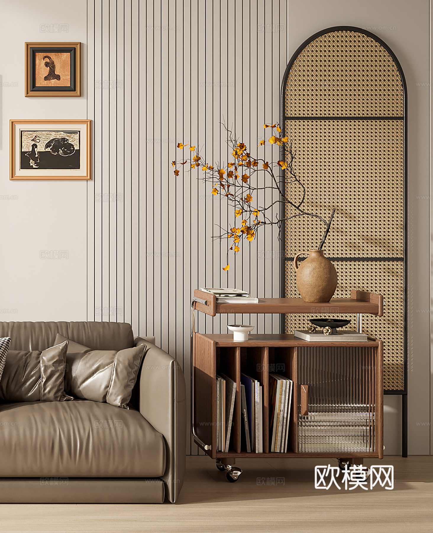 中古风皮革沙发抱枕 沙发组合    落地灯挂画 中式摆件su模型