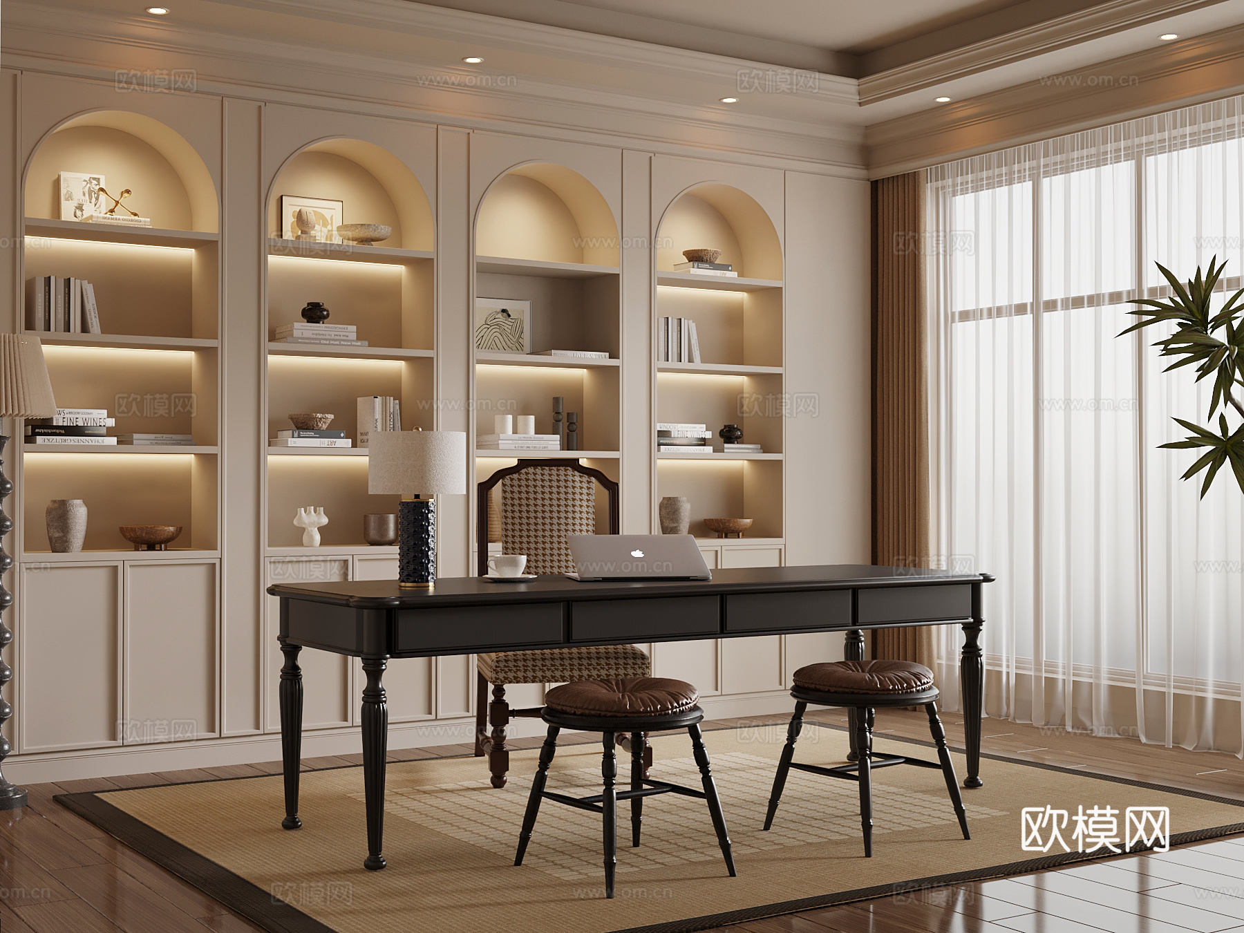 法式书房 书桌椅 书柜su模型