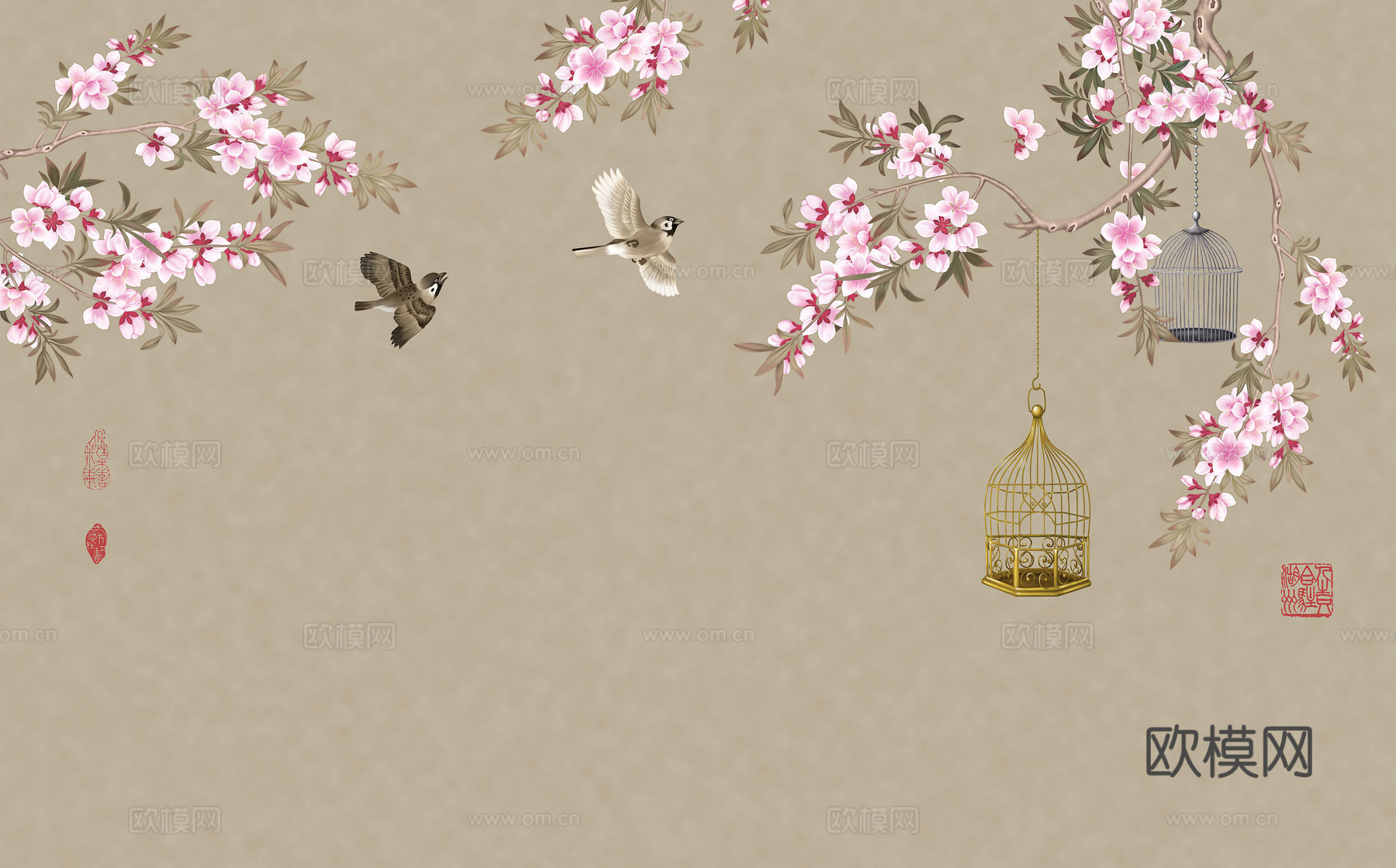 中式新中式花鸟植物壁纸壁画下载