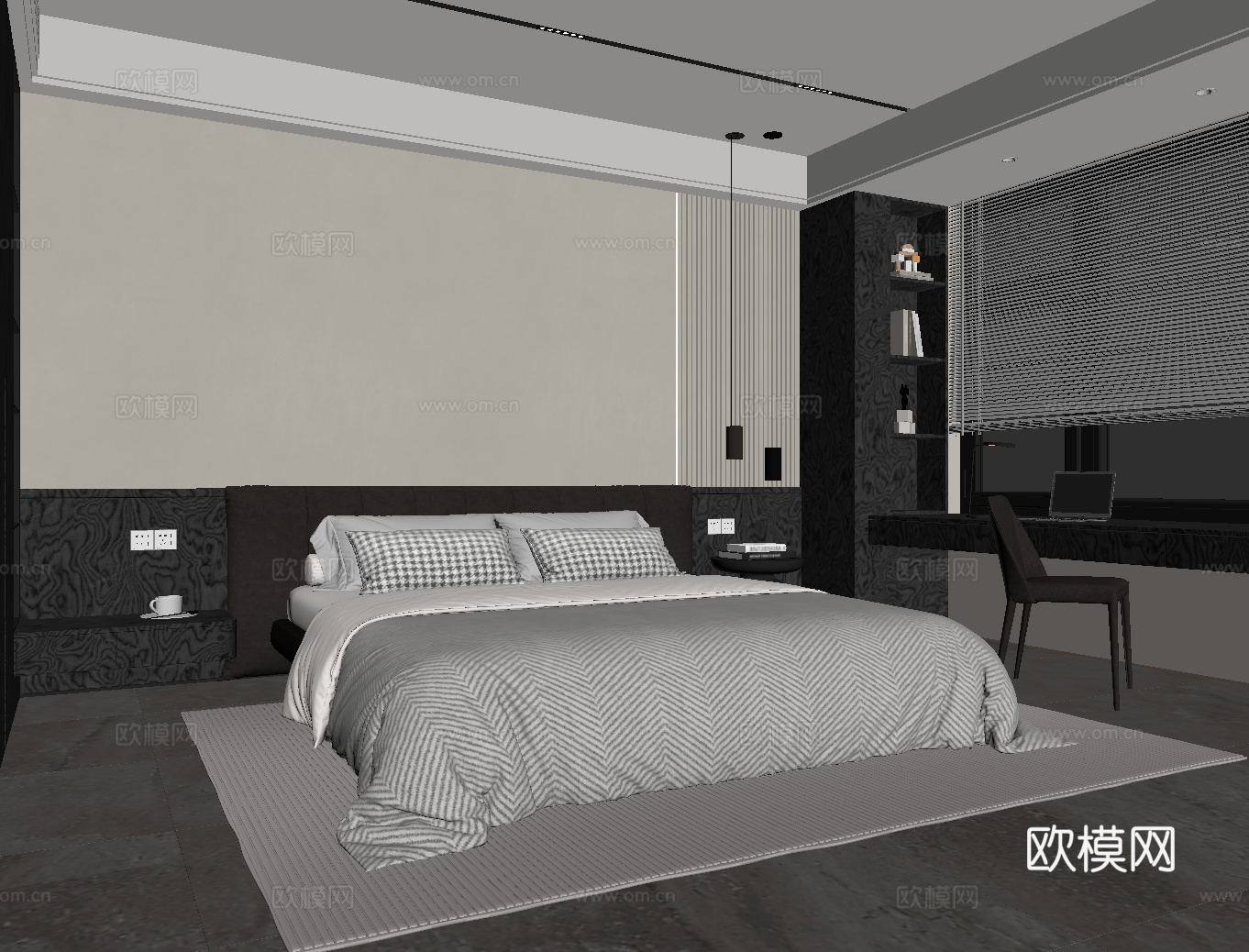 现代卧室 双人床su模型