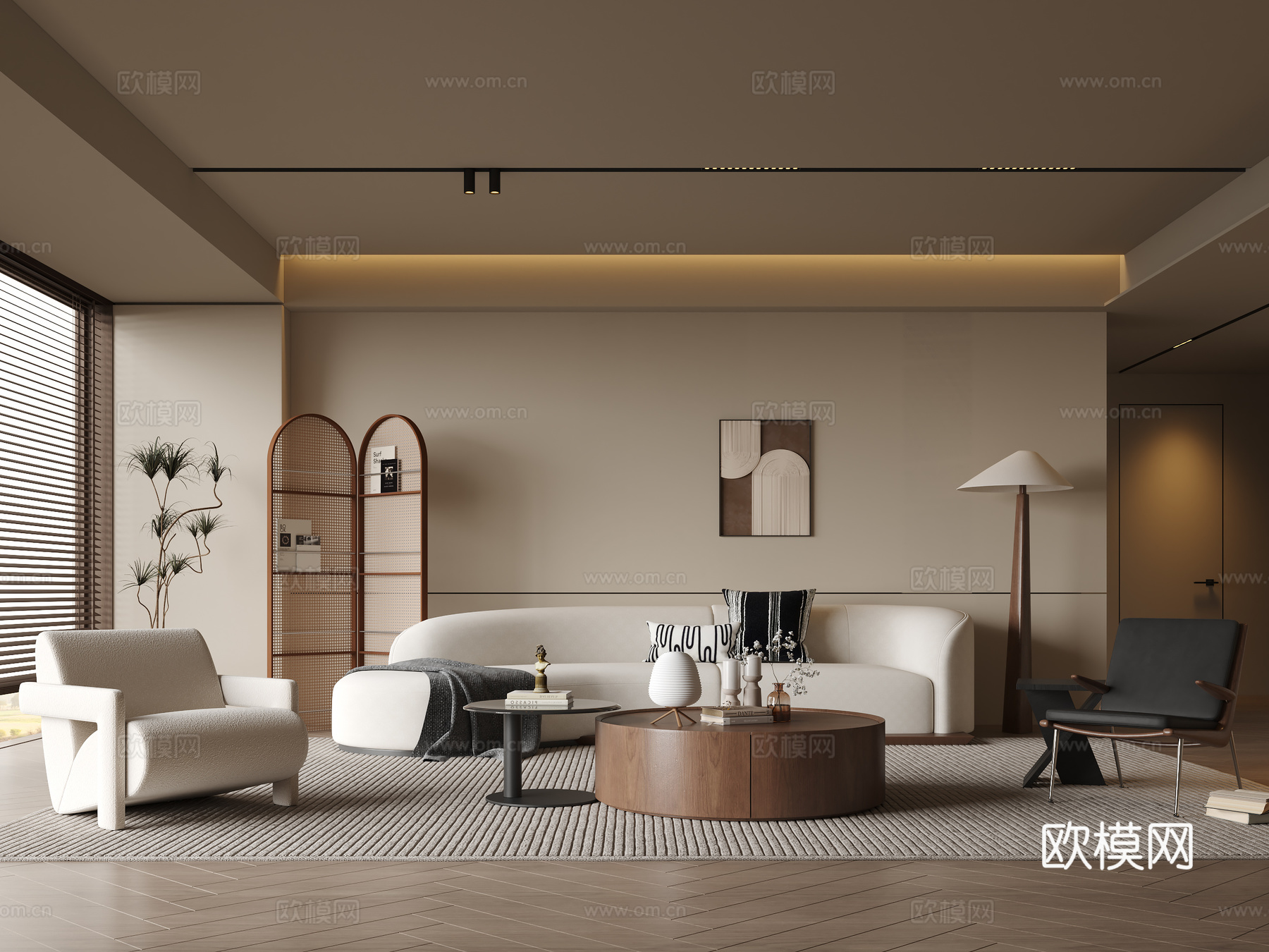 现代中古风家居客厅3d模型下载（渲染图1）