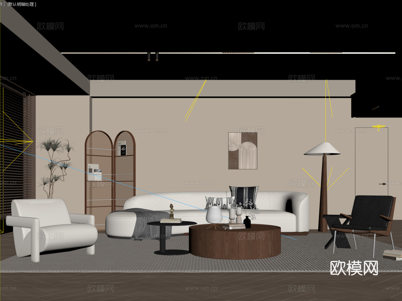 现代中古风家居客厅3d模型下载（渲染图2）