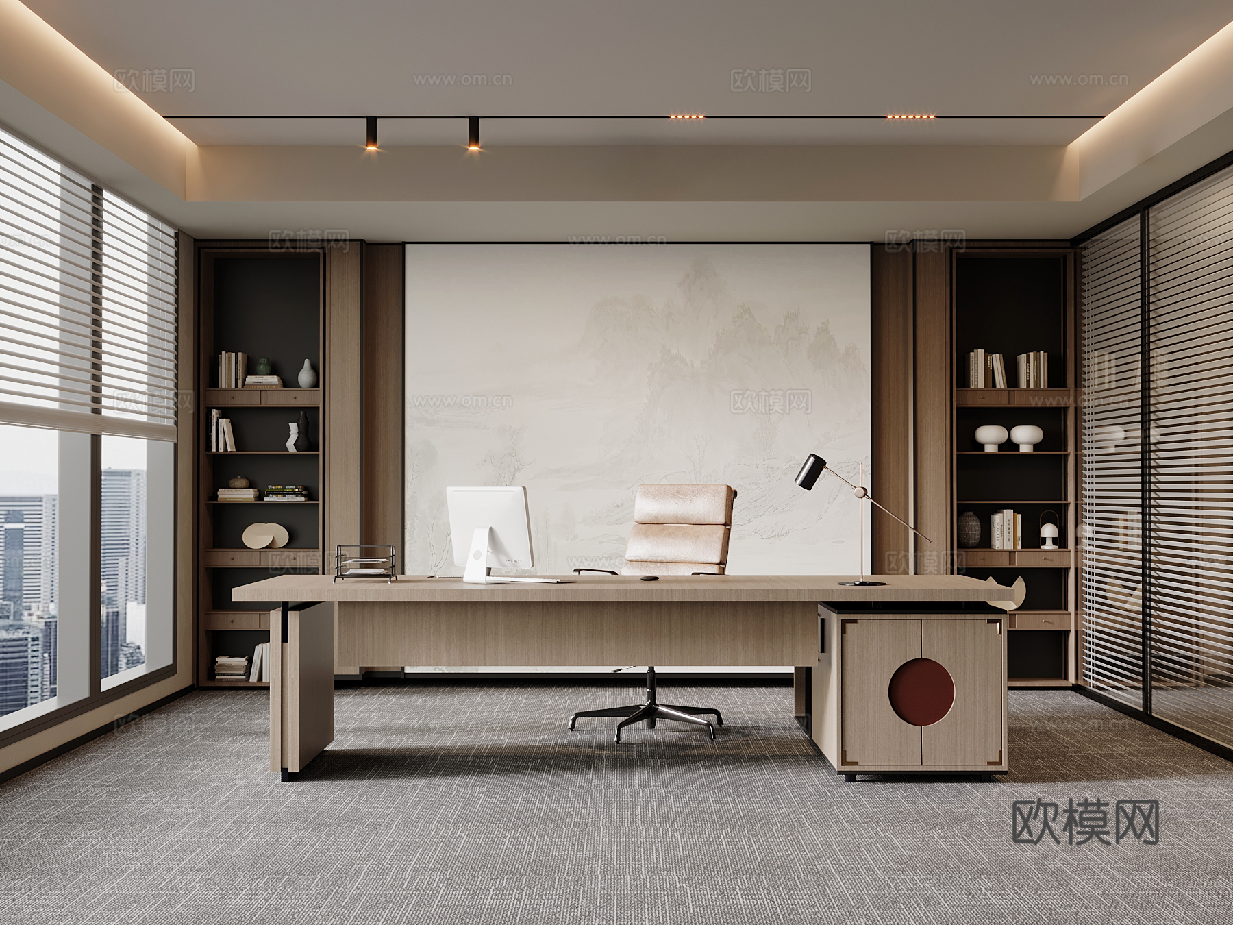 新中式经理办公室 办公桌椅su模型