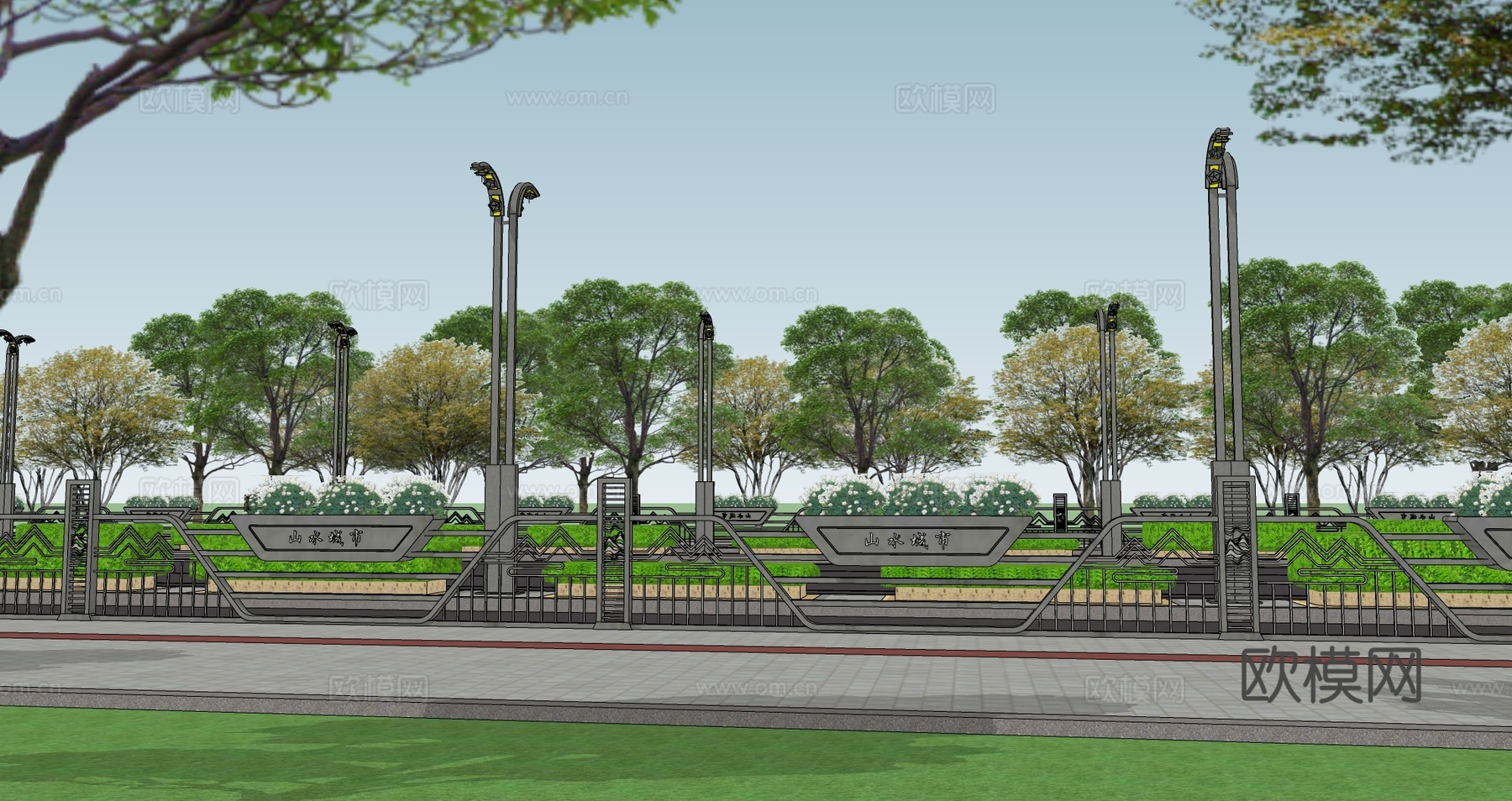 现代中式道路围栏交通配件道路护栏车档非机动车护栏市政护栏su模型