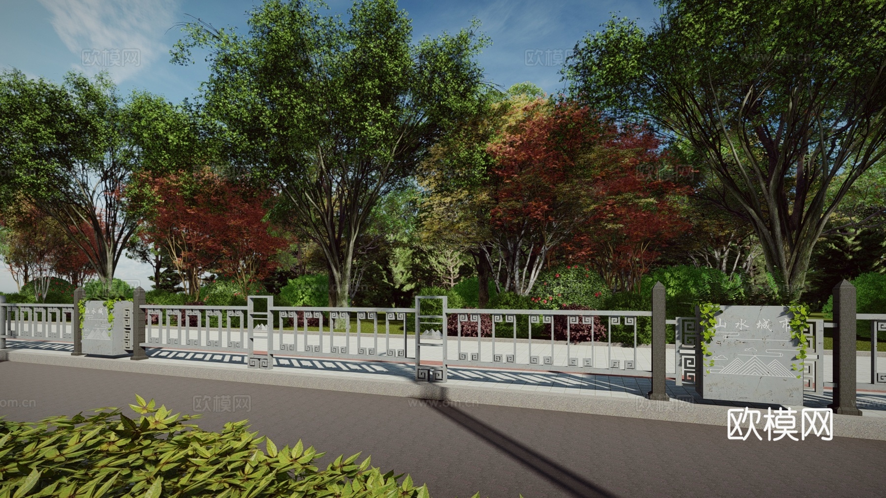 现代中式道路围栏交通配件道路护栏车档非机动车护栏市政护栏su模型