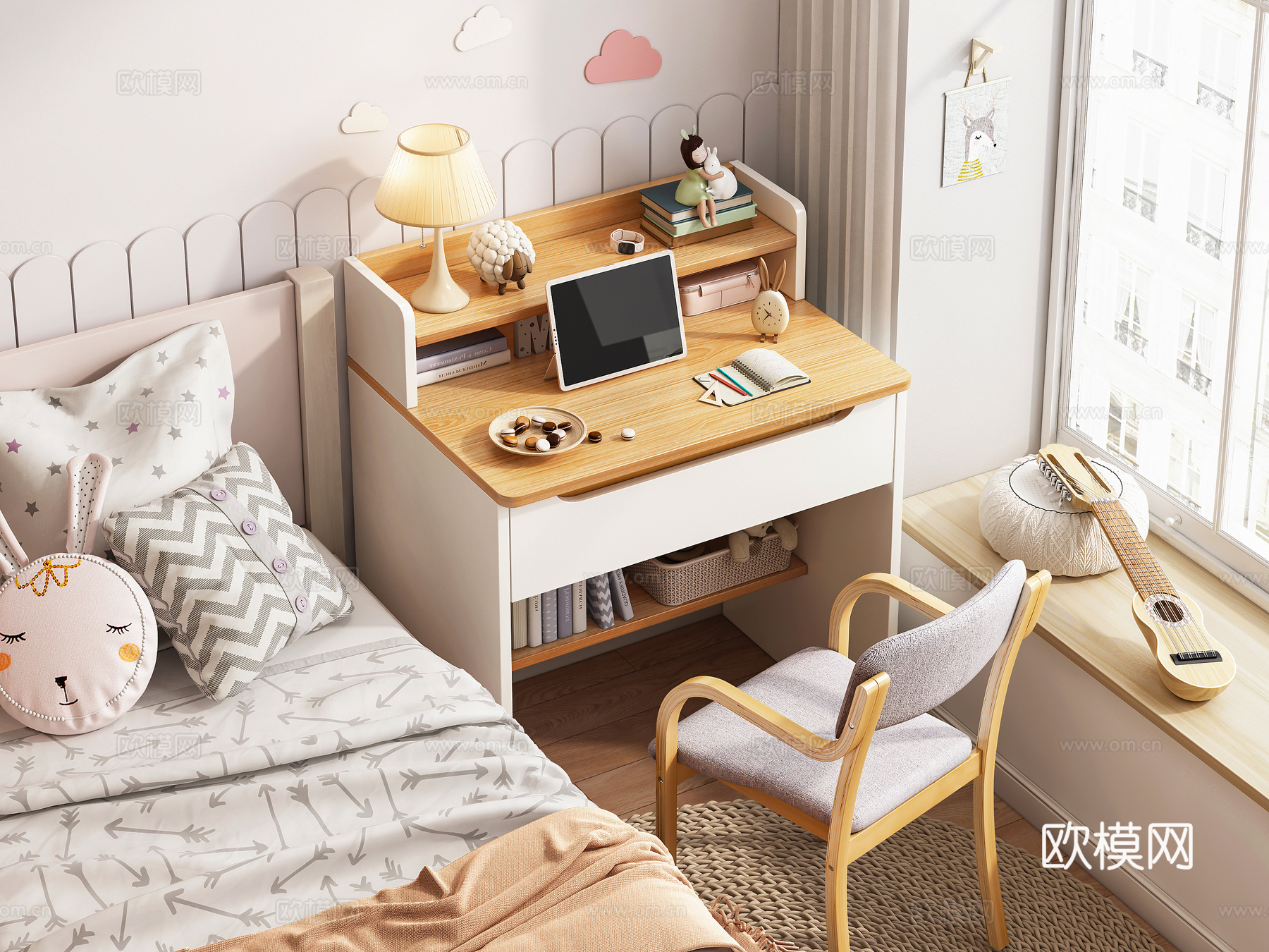 北欧奶油风书桌3d模型下载