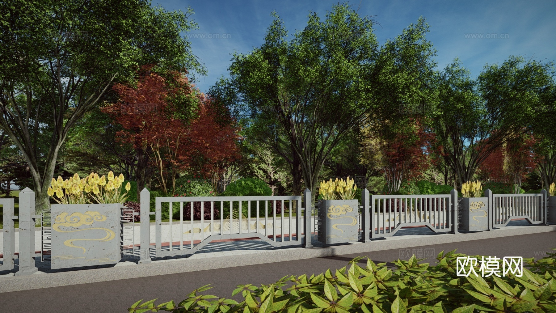现代中式道路围栏交通配件道路护栏车档非机动车护栏市政护栏su模型下载（渲染图2）