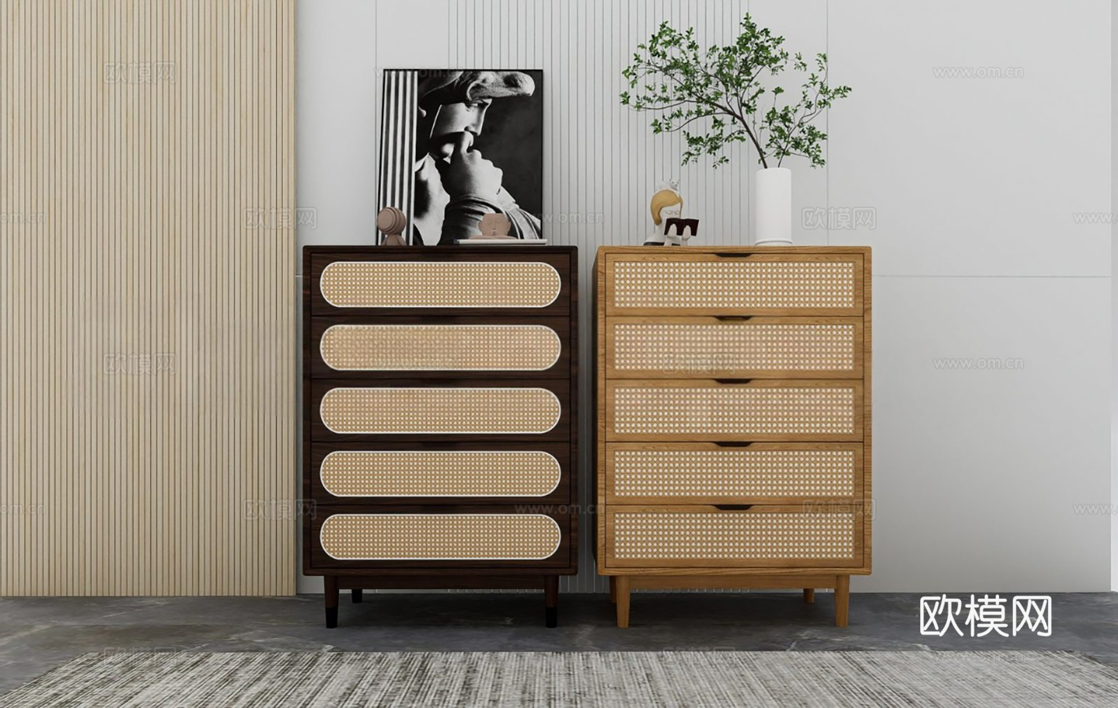 北欧风五斗柜 藤编抽屉柜 实木斗柜 编织藤编柜门su模型