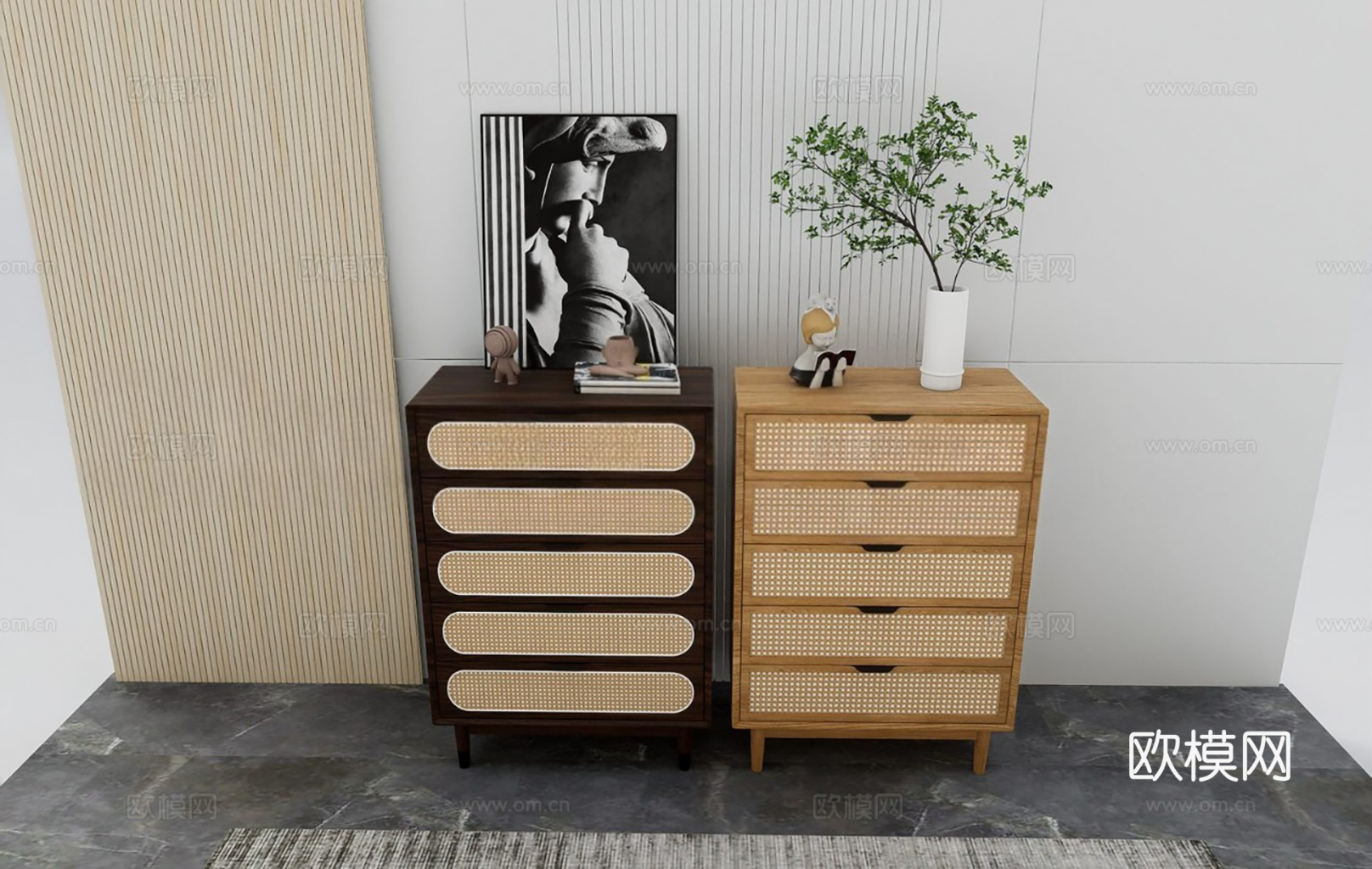 北欧风五斗柜 藤编抽屉柜 实木斗柜 编织藤编柜门su模型