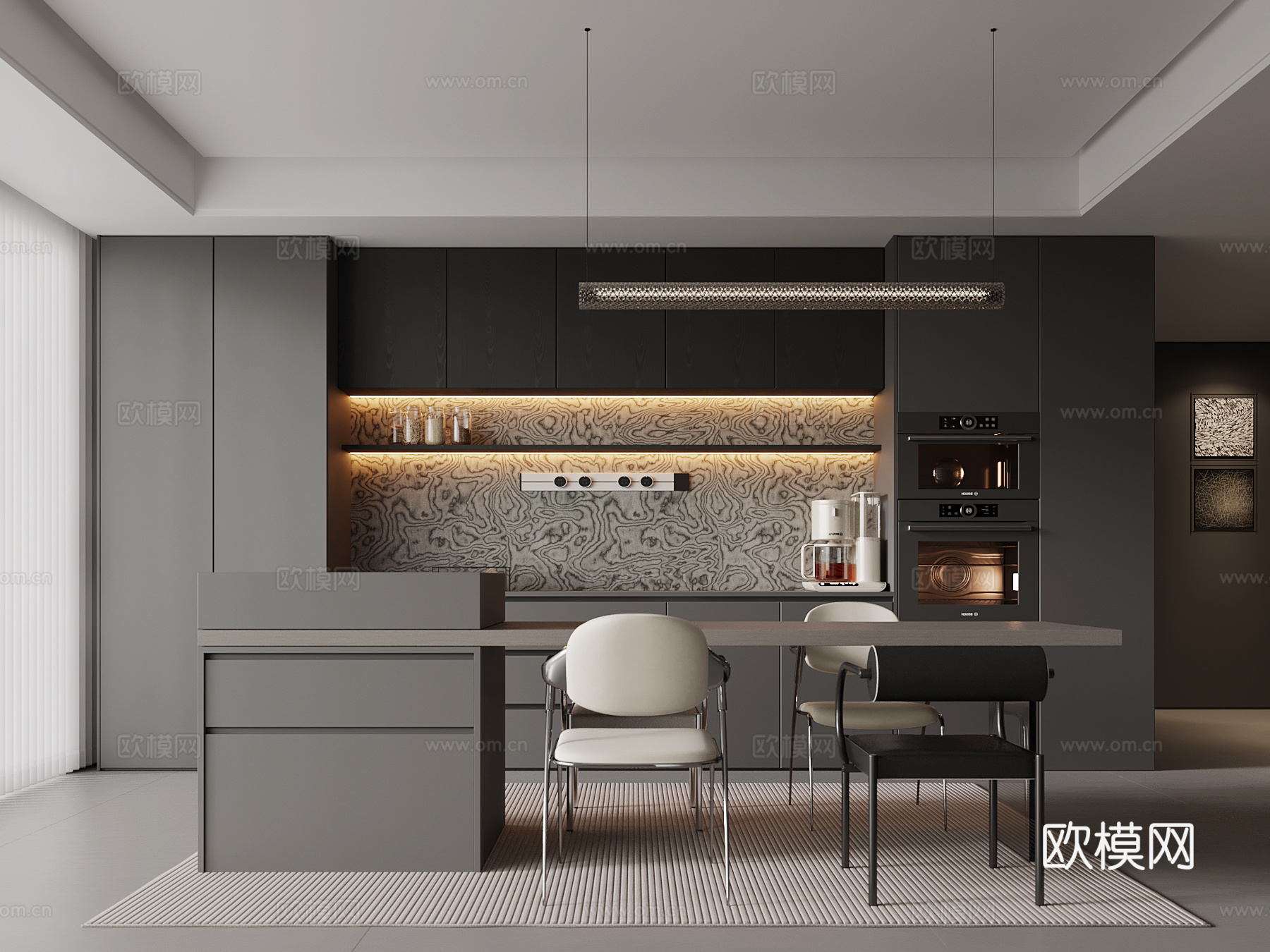 现代餐厅 酒柜 岛台 餐桌椅su模型