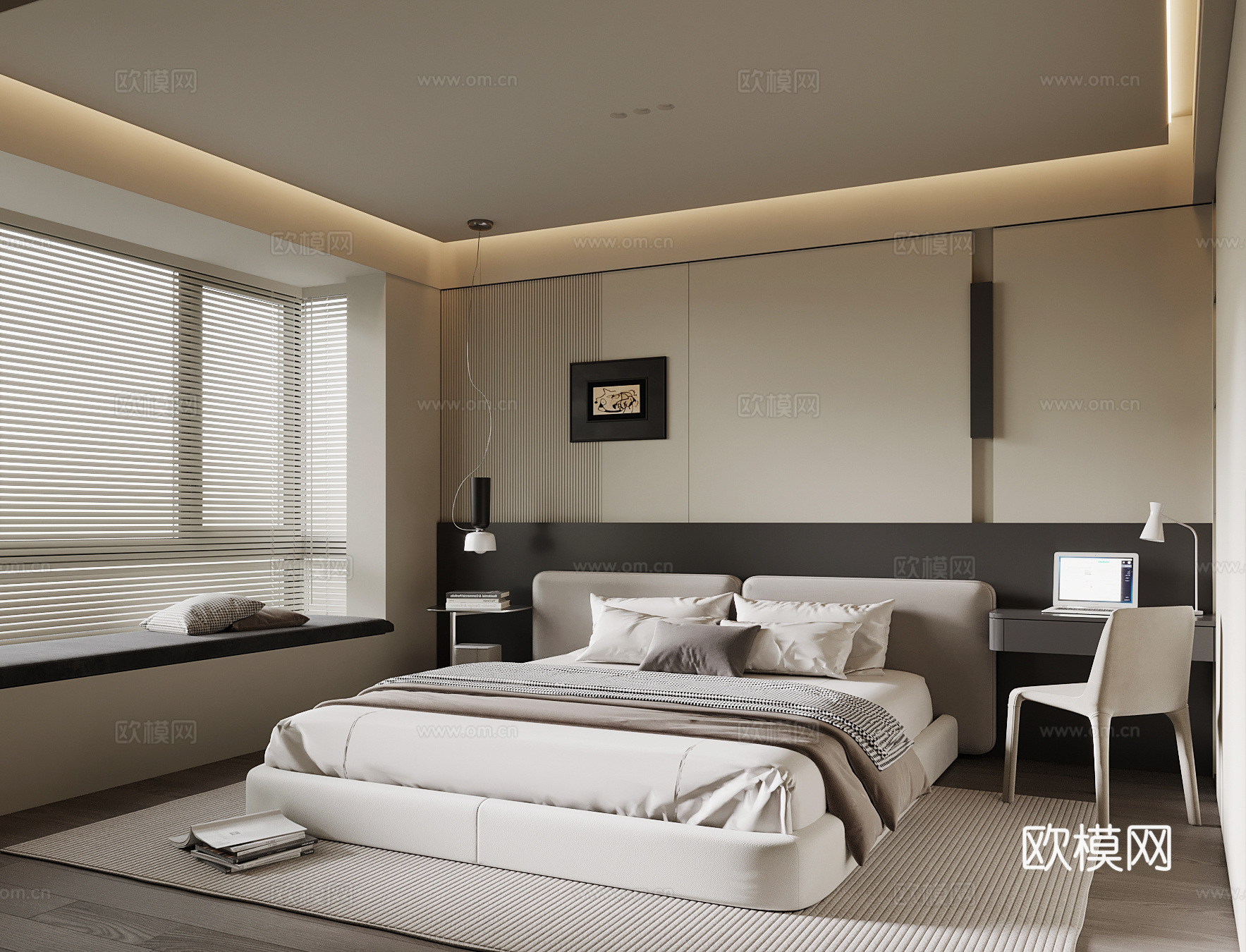 现代卧室 双人床su模型