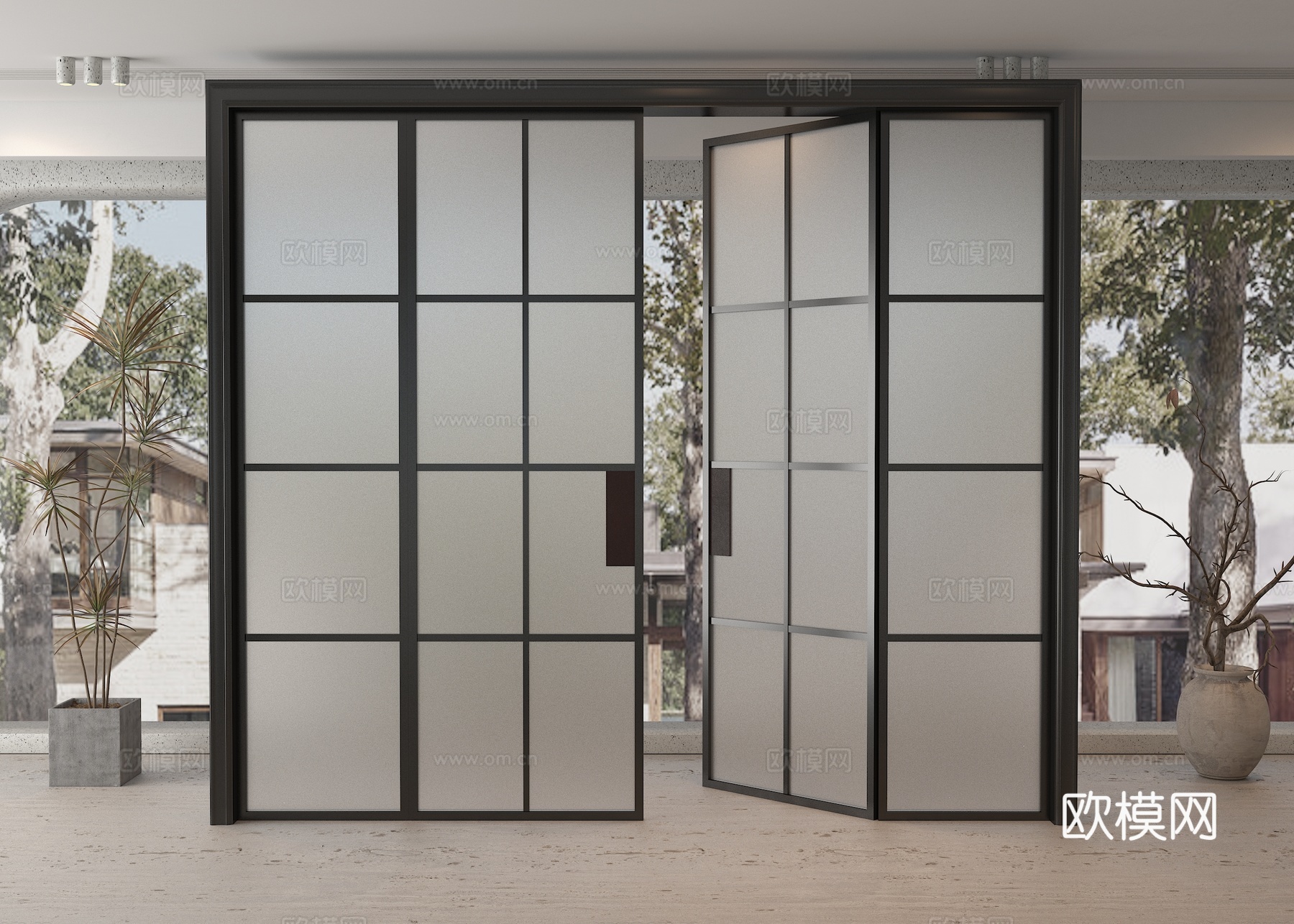 现代双开玻璃门su模型