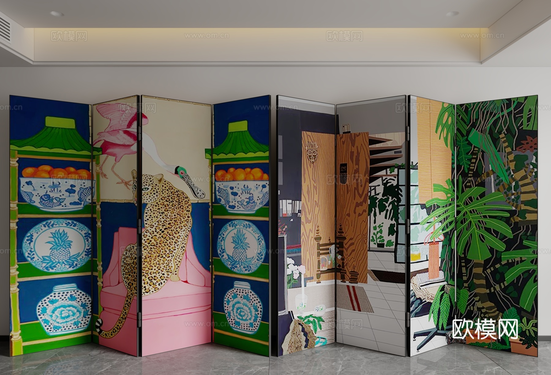 现代中古风屏风3d模型下载