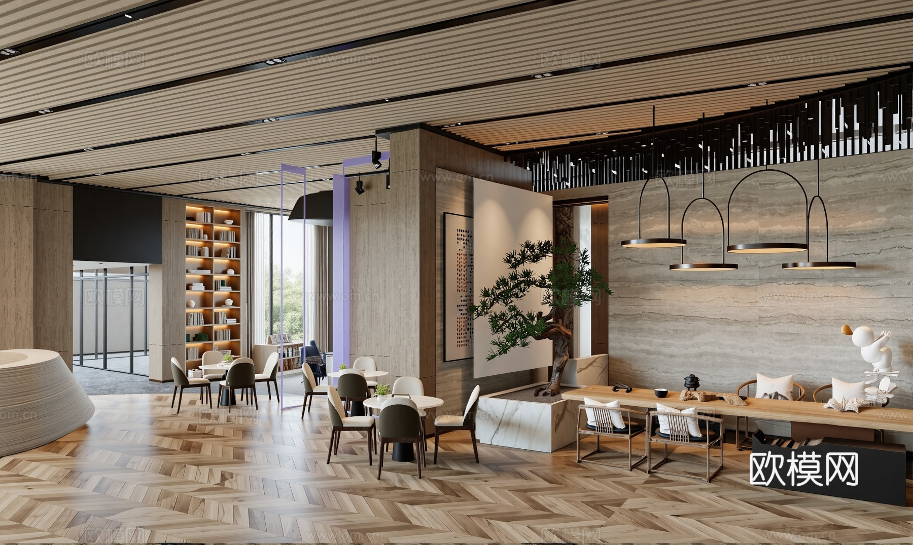 现代书店_图书馆_休闲书吧_书柜_图书室_阅览室_休闲桌椅_su模型