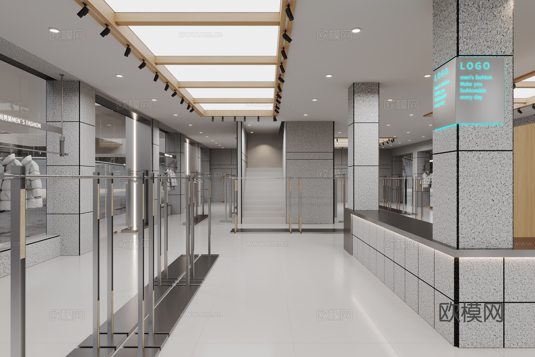 现代潮牌服装店 服装货架 服饰衣架 软膜天花 水包砂艺术涂料su模型