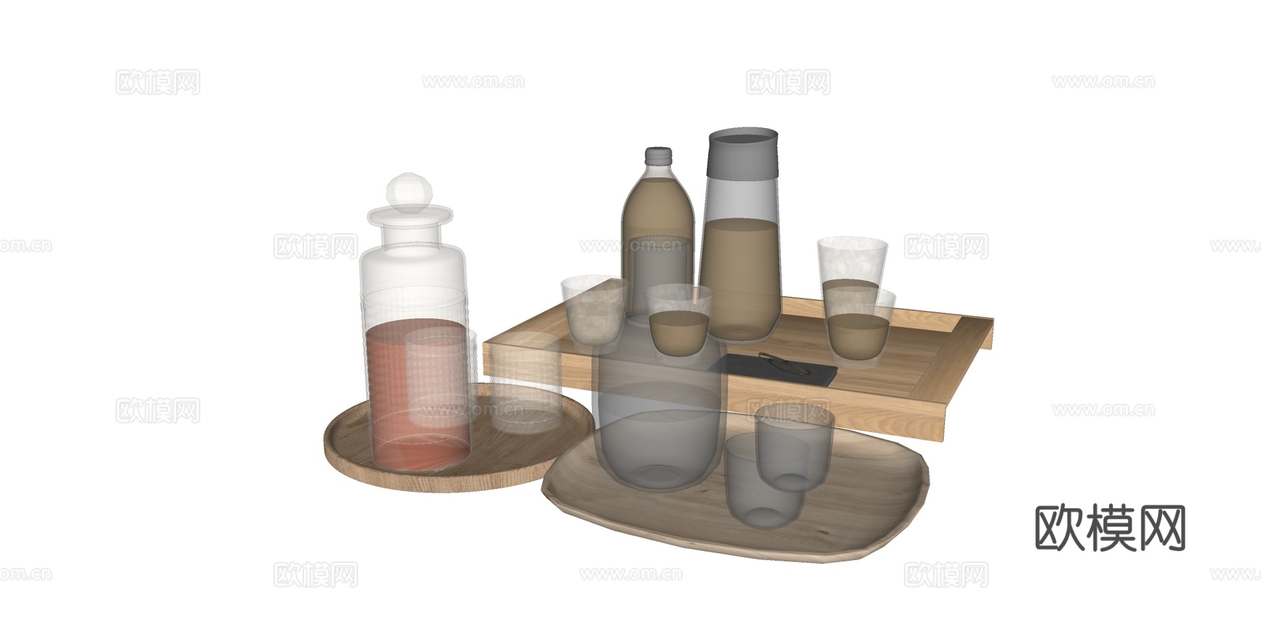 北欧风饮品器具 茶具餐具 玻璃材质器皿 原木托盘底座su模型