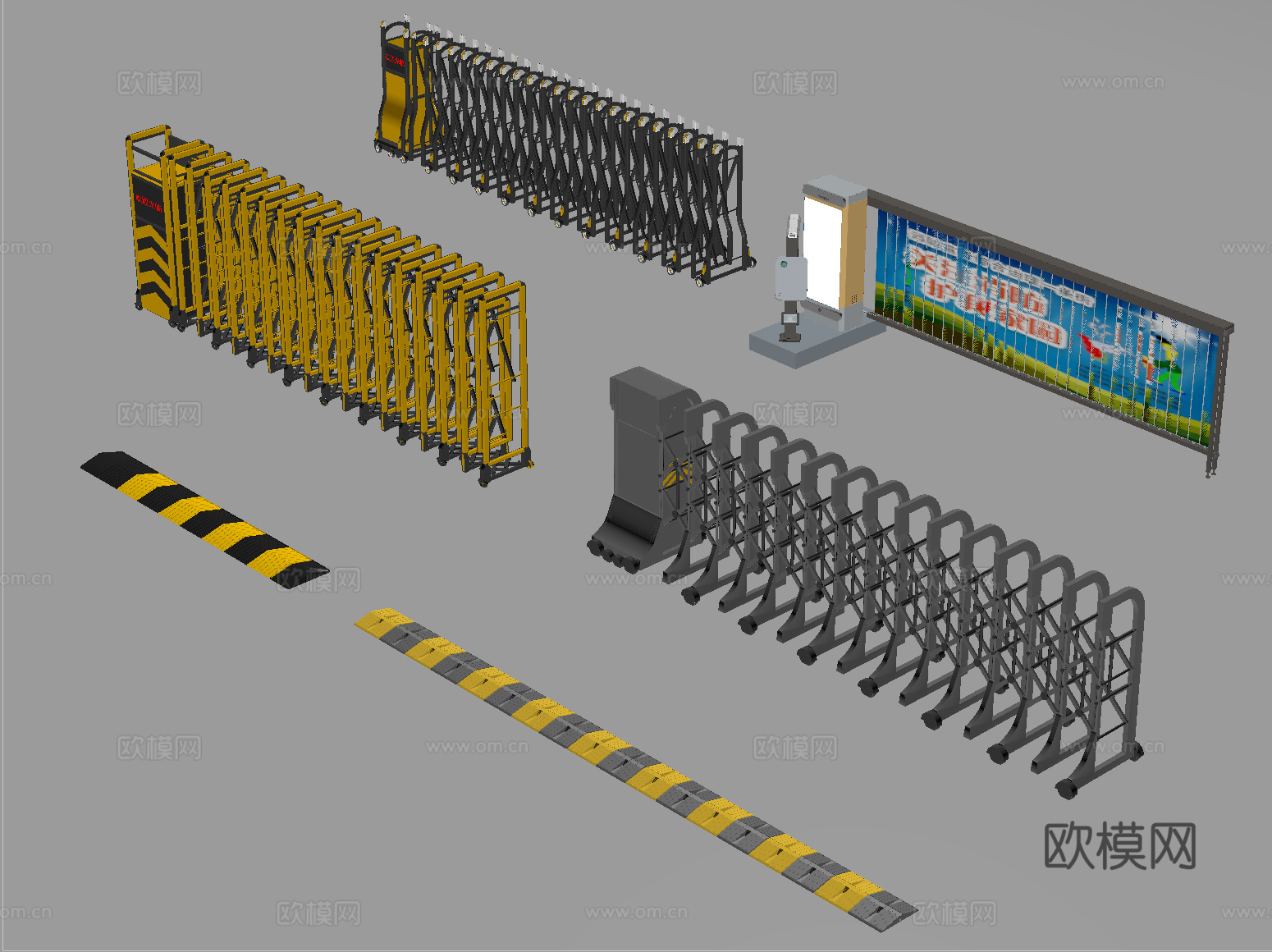 现代电动伸缩折叠门 道闸停车感应升降杆 减速带su模型