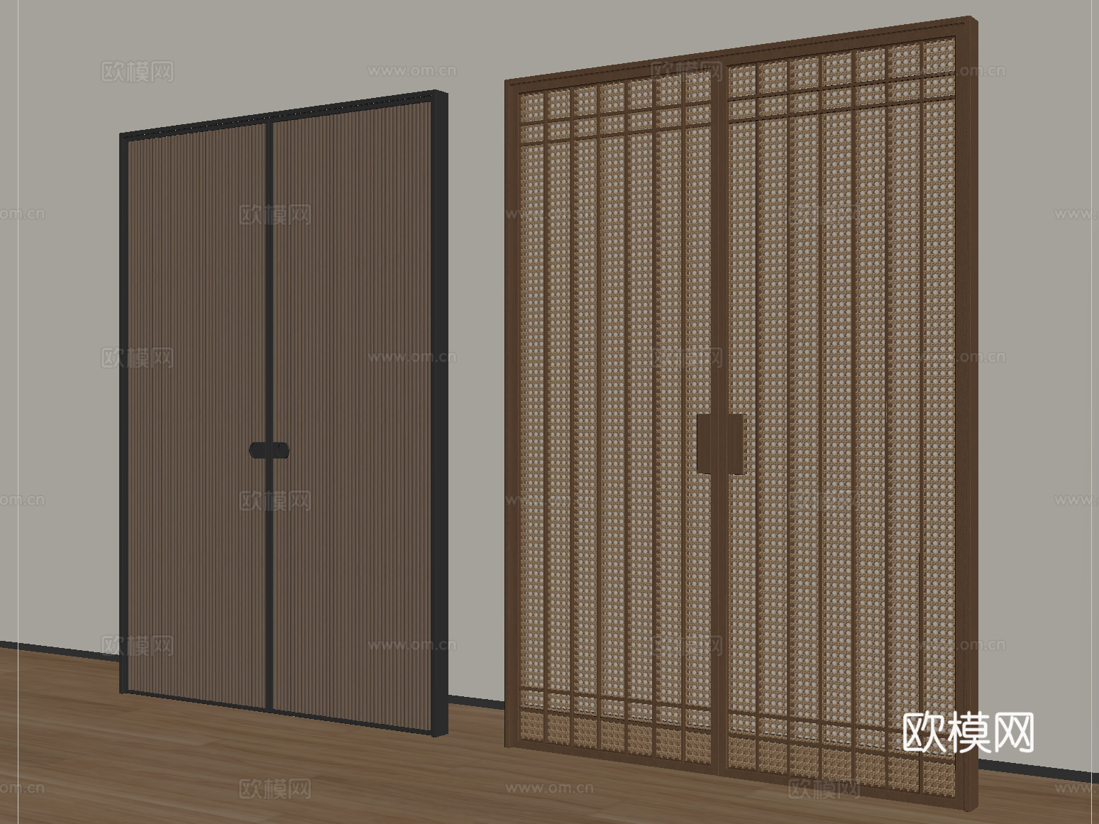 中古风推拉门 木质推拉门 藤编推拉门su模型
