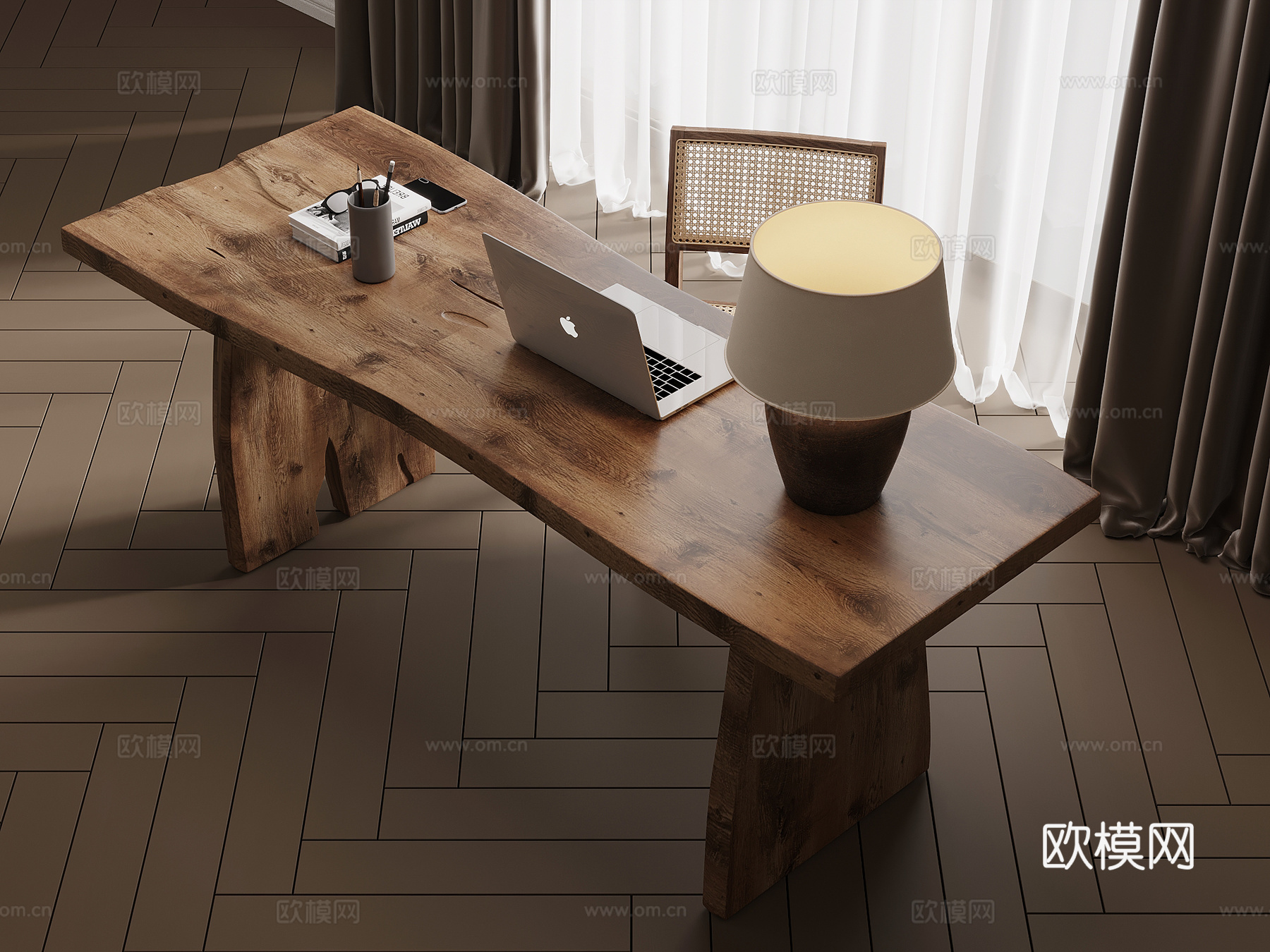侘寂风书桌椅 办公桌椅su模型