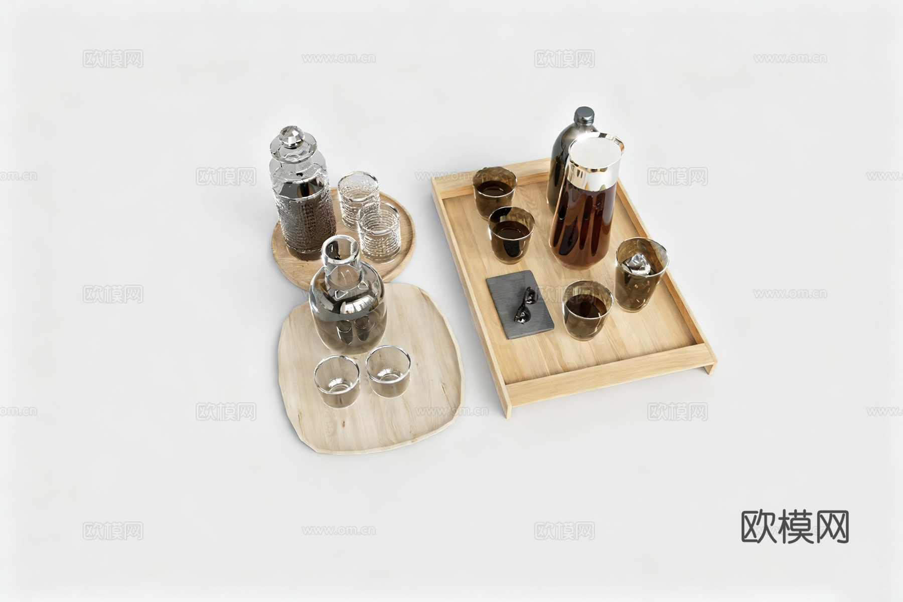 北欧风饮品器具 茶具餐具 玻璃材质器皿 原木托盘底座su模型