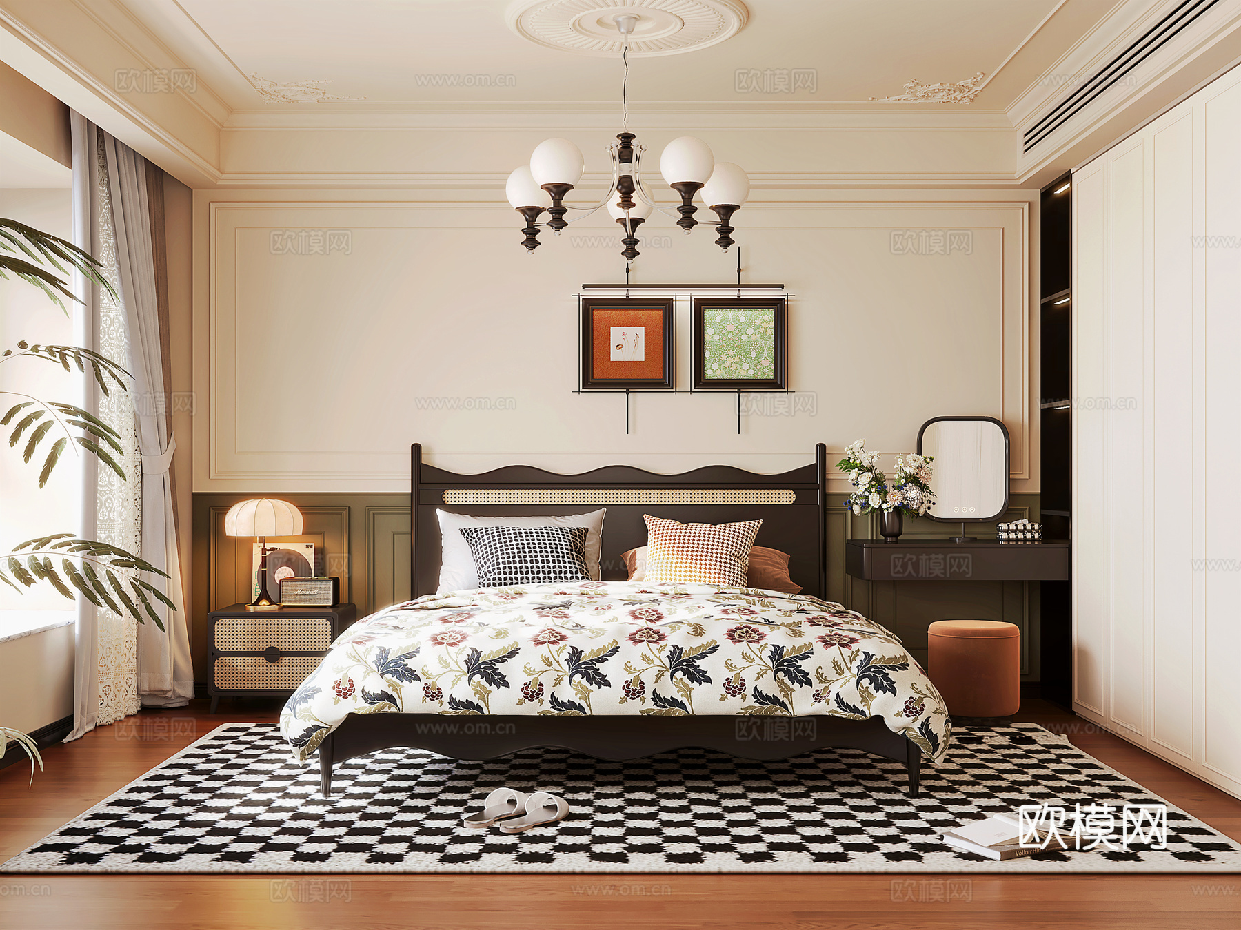 法式风格卧室 法式双人床 床头柜 梳妆台 法式衣柜 法式吊灯su模型