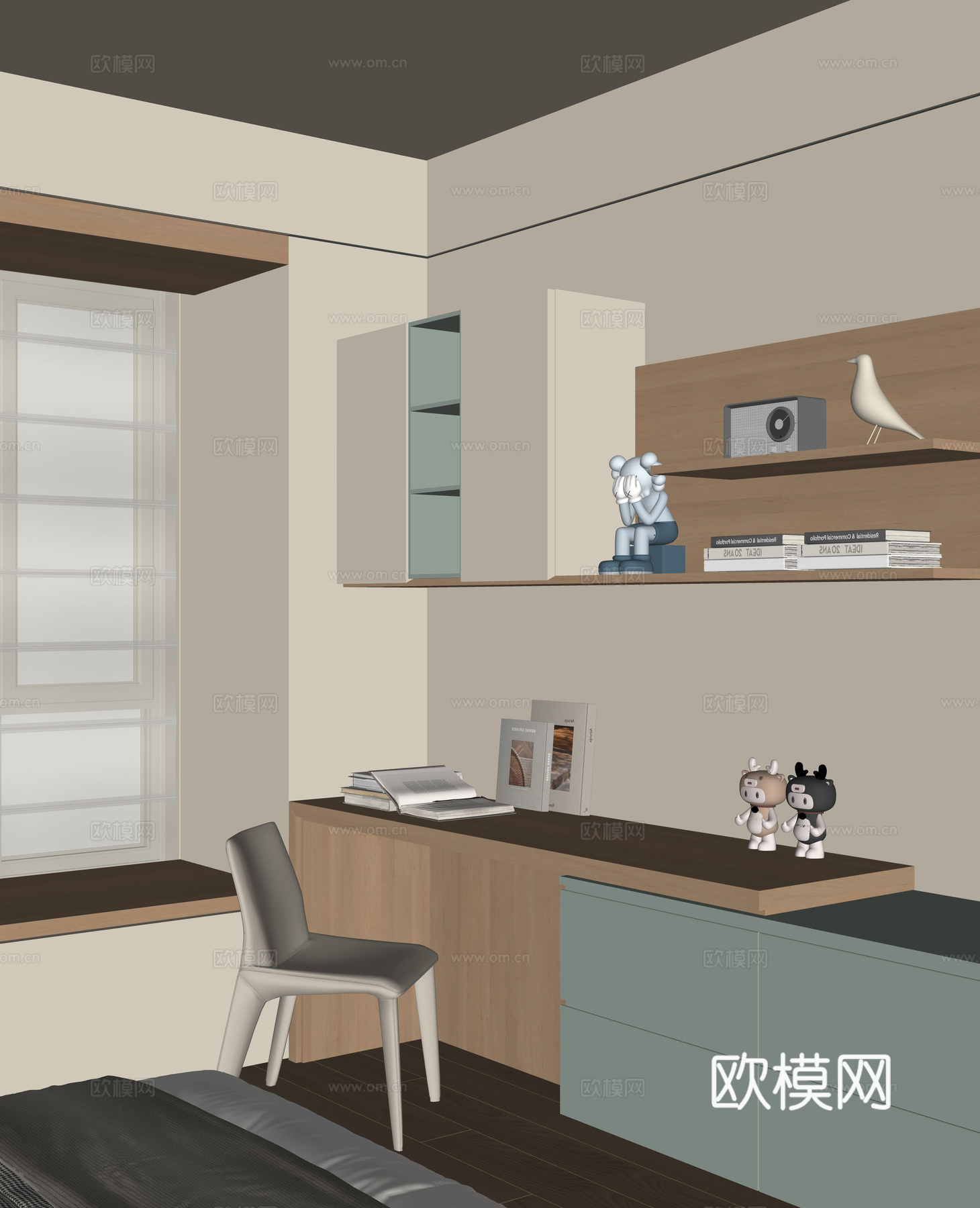 现代书桌一体柜su模型