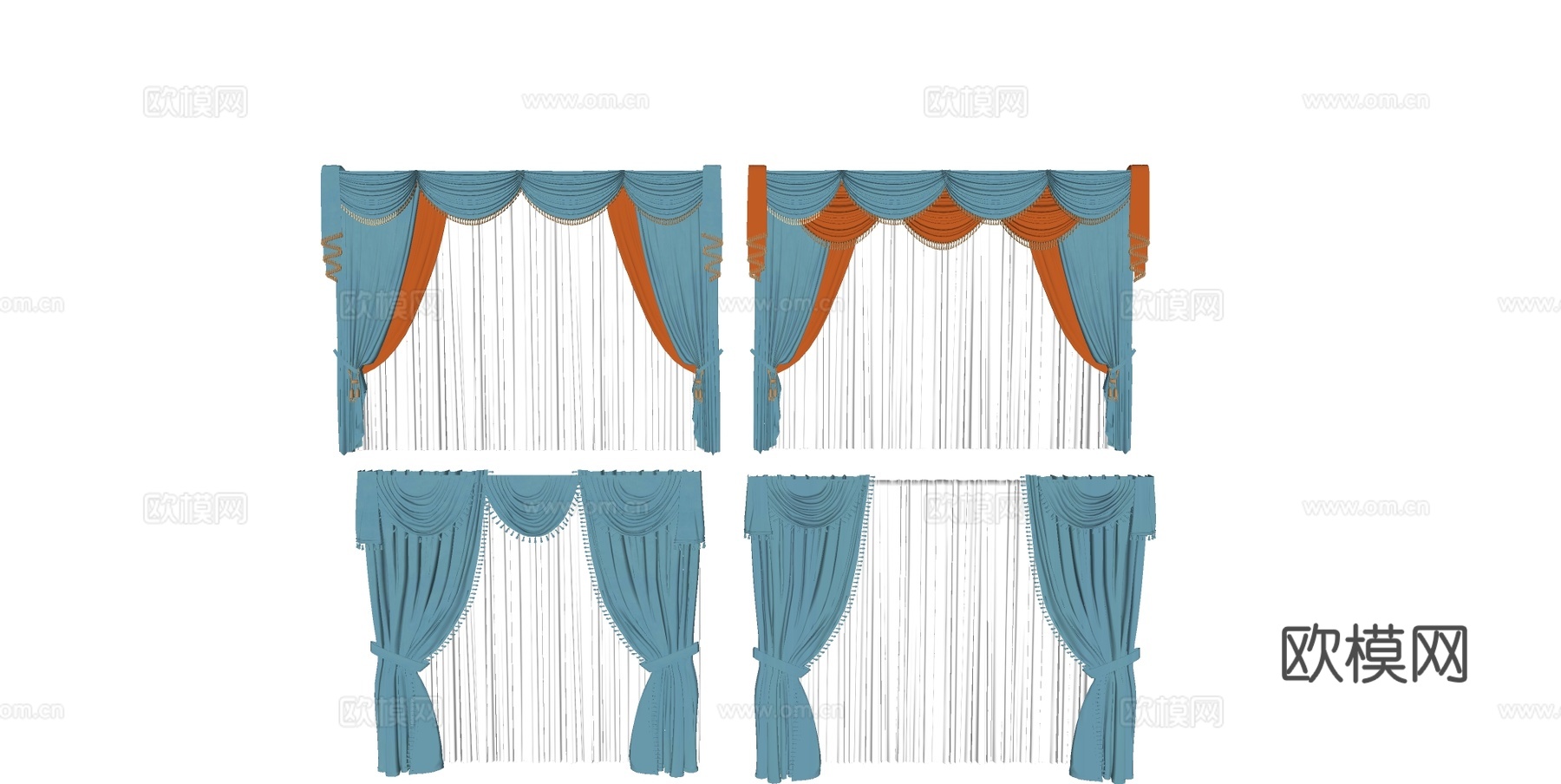 新古典窗帘 蓝色帷幔窗帘 金色绶带帘头 双层纱帘布帘su模型