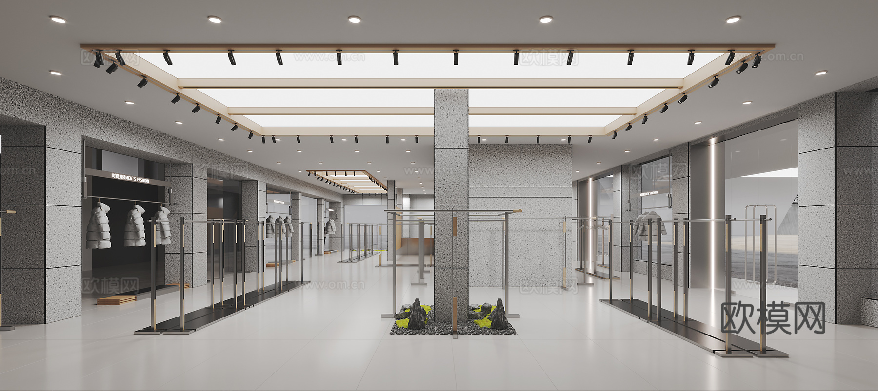 现代潮牌服装店 服装货架 服饰衣架 软膜天花 水包砂艺术涂料su模型