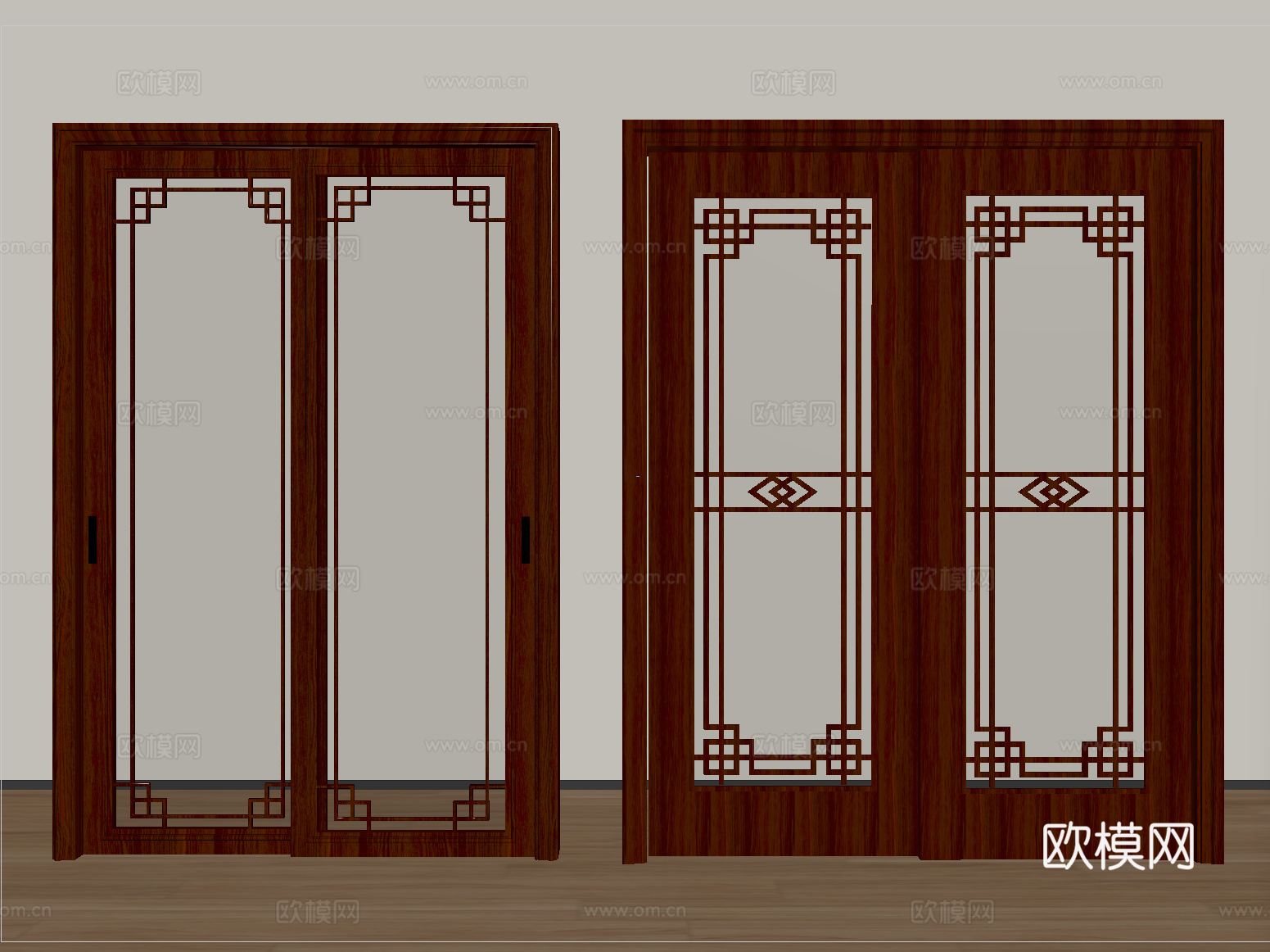 新中式推拉门 移门 实木门su模型