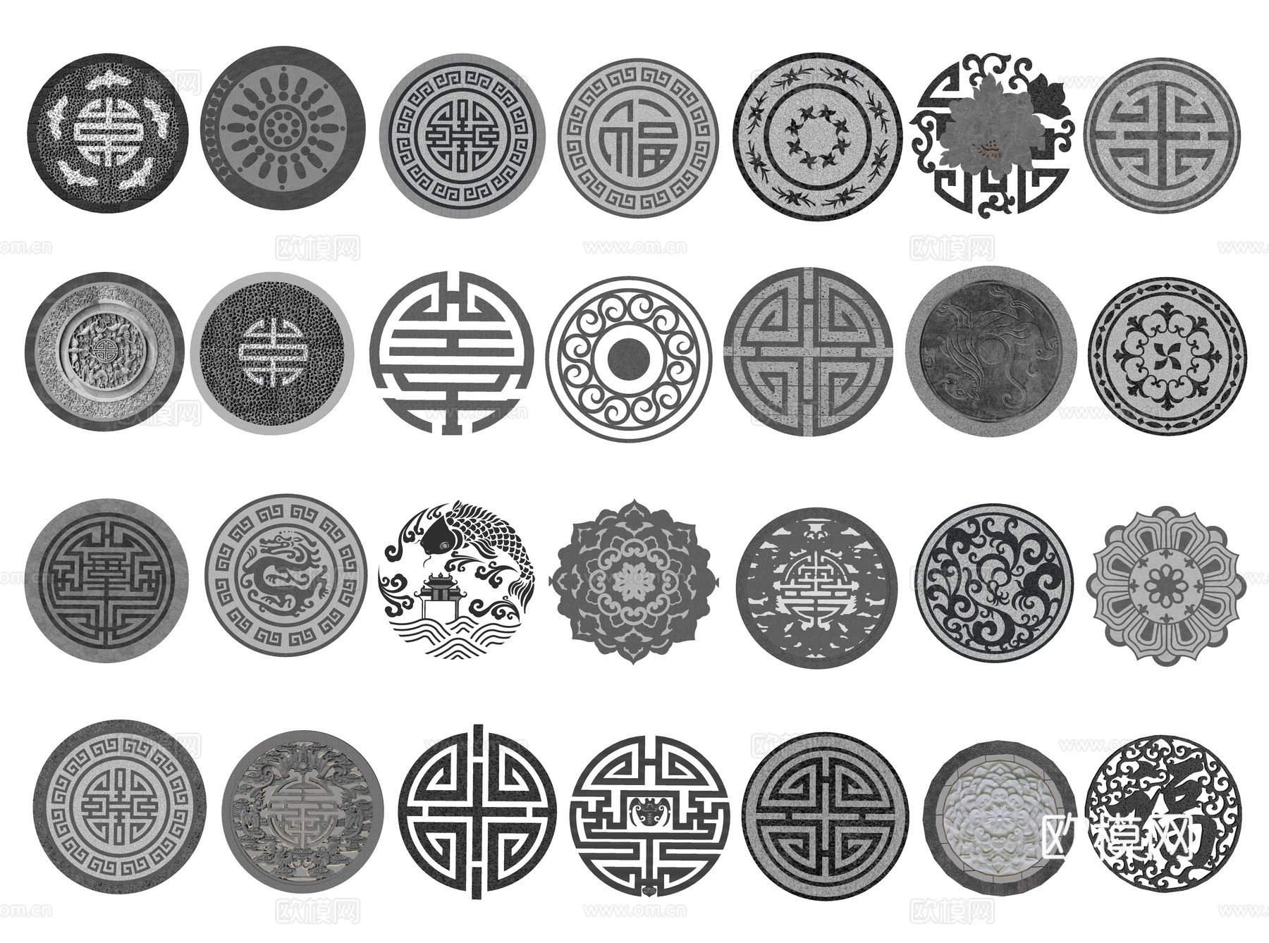 新中式地铺拼花 铺装铺地 地雕砖雕图案 庭院铺装花纹浮雕铺装su模型