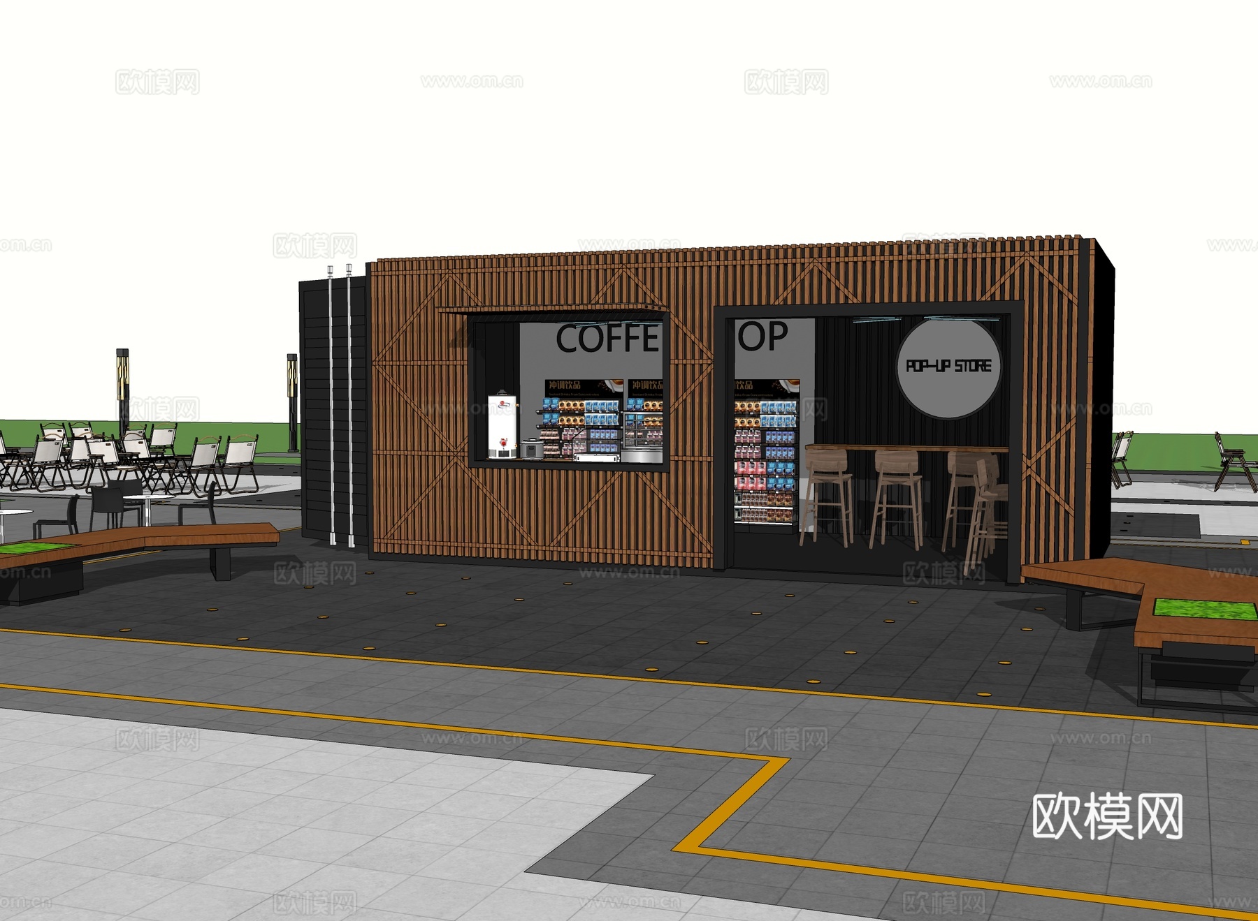 现代集装箱餐饮建筑 潮流网红打卡点su模型