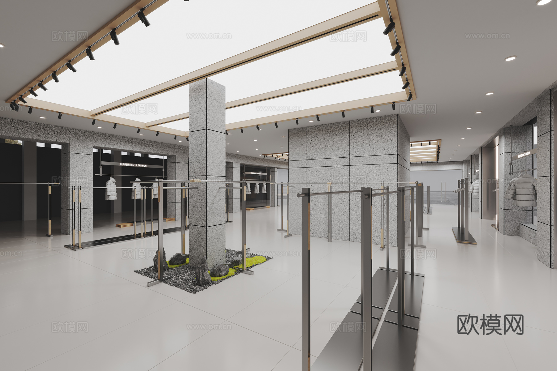 现代潮牌服装店 服装货架 服饰衣架 软膜天花 水包砂艺术涂料su模型