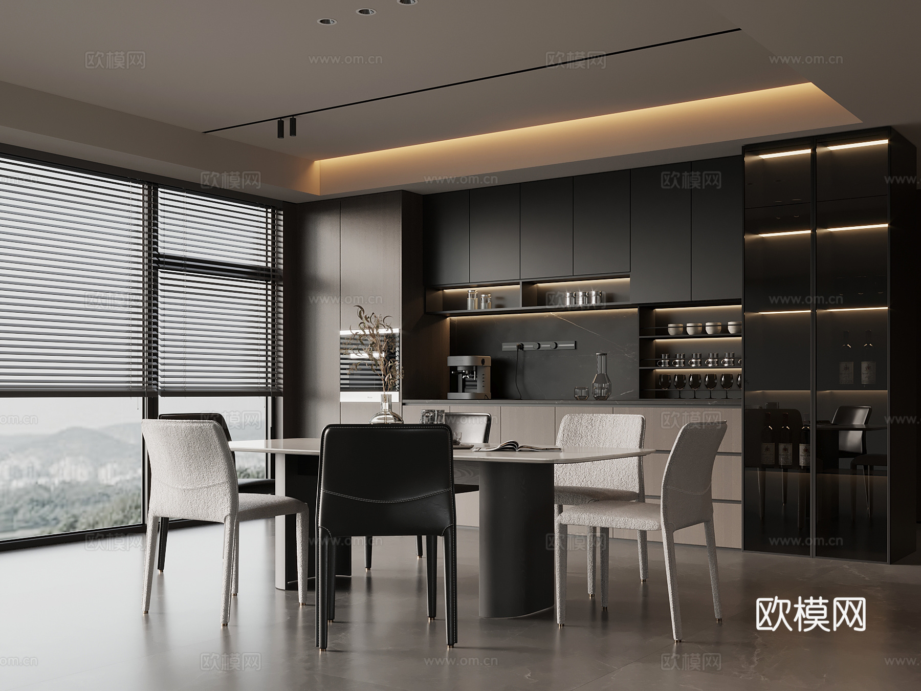现代意式餐厅 酒柜 餐桌椅su模型