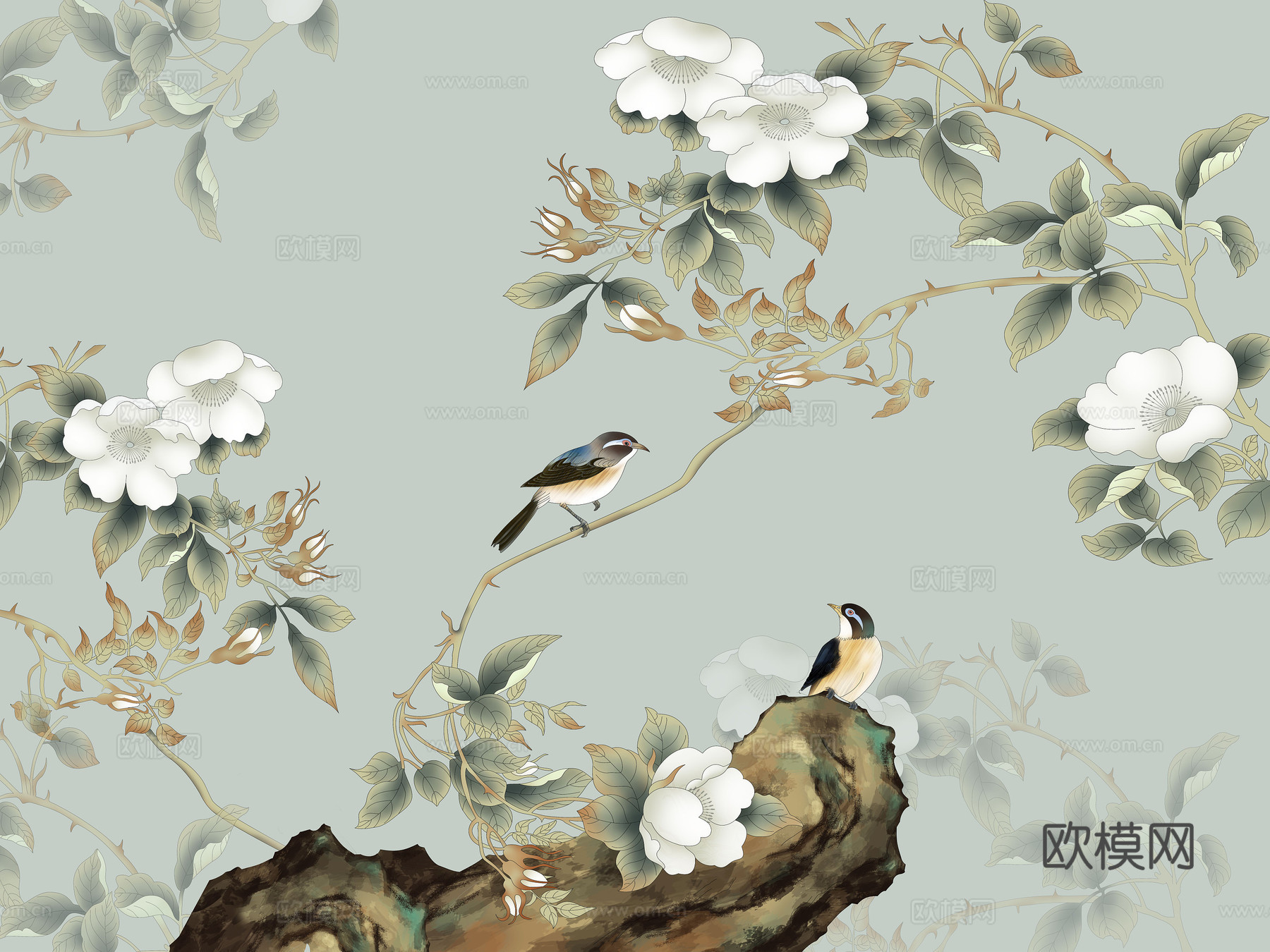 中式新中式花鸟植物壁纸壁画下载