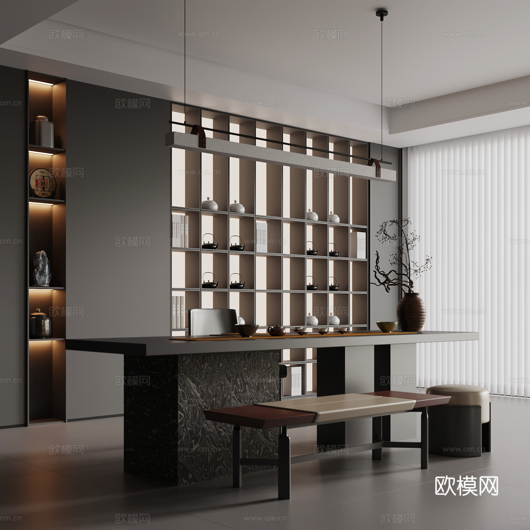 现代茶室 茶桌椅 茶叶柜 书房su模型