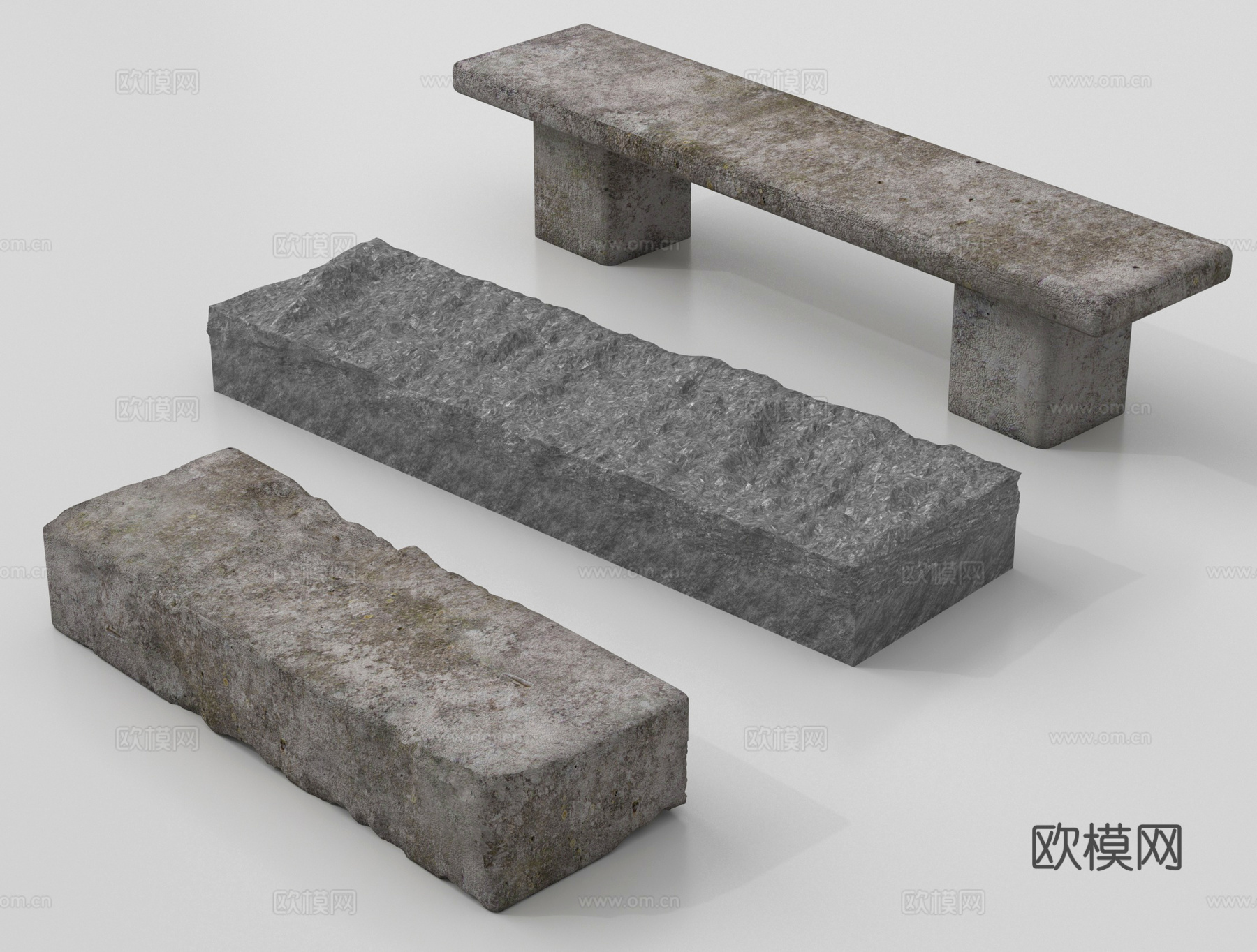 中式石凳 景观石凳 长条形 户外景观座凳su模型