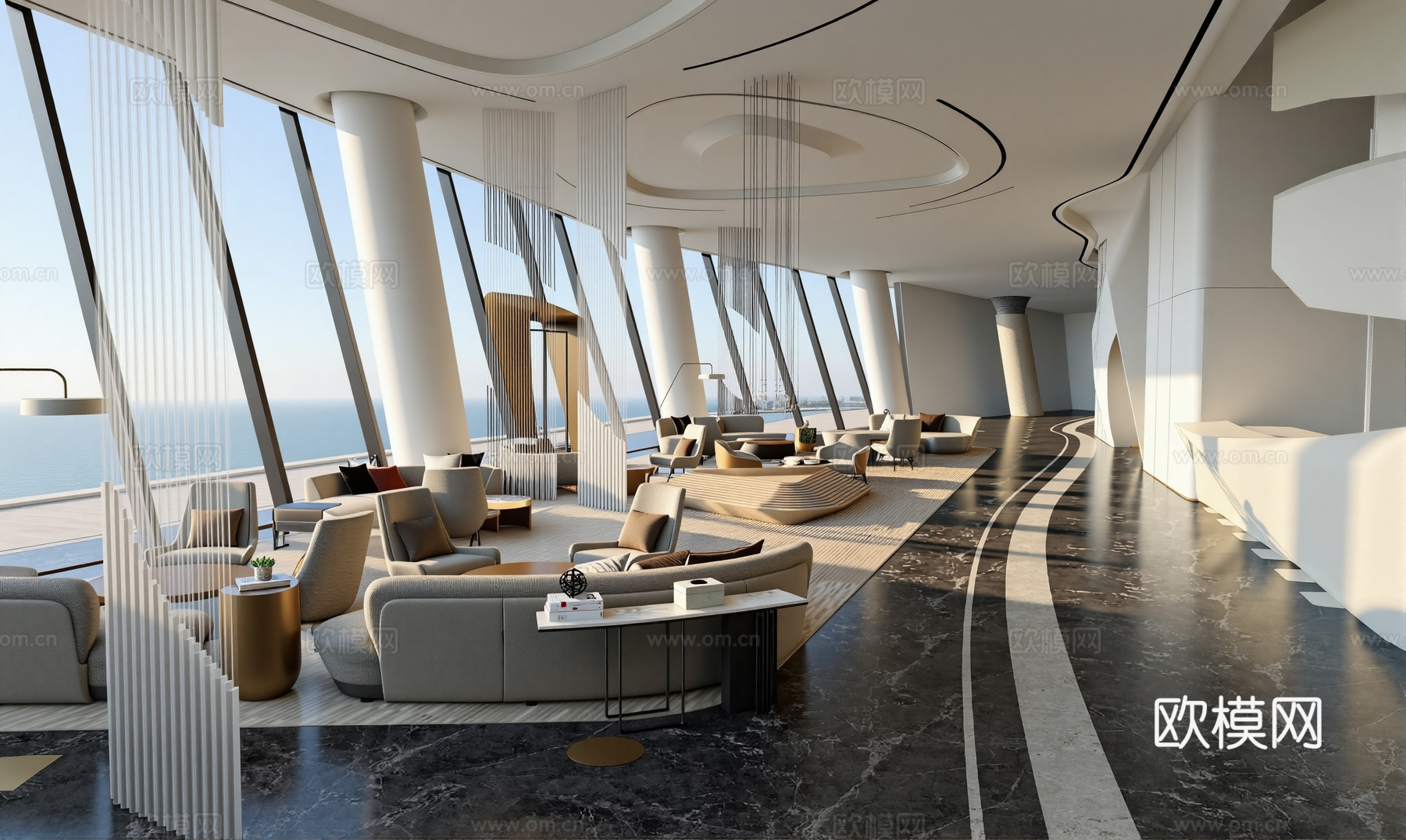 现代售楼部大厅_前台接待区_前台背景墙_沙盘模型_异型楼梯su模型