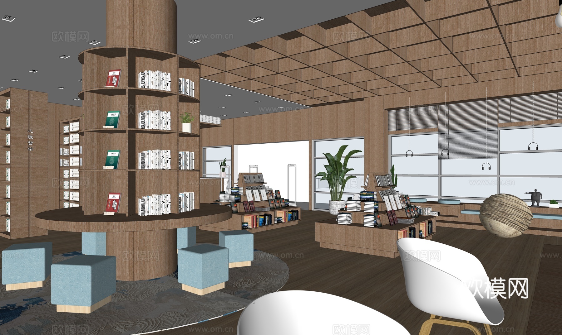 现代原木风图书馆su模型