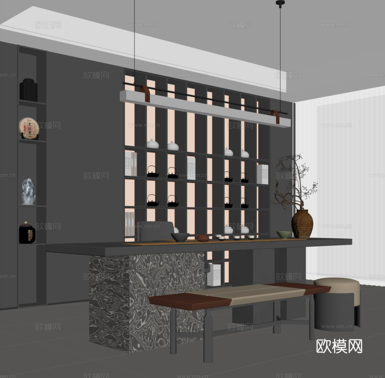 现代茶室 茶桌椅 茶叶柜 书房su模型