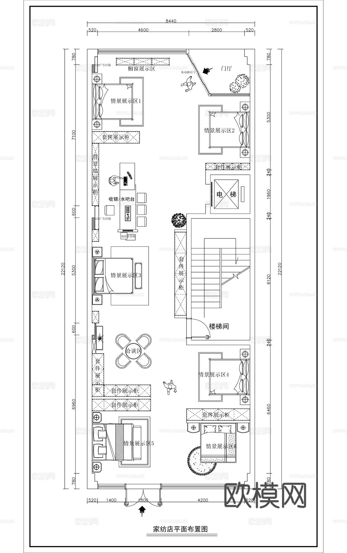 现代家纺店平面布置图cad施工图