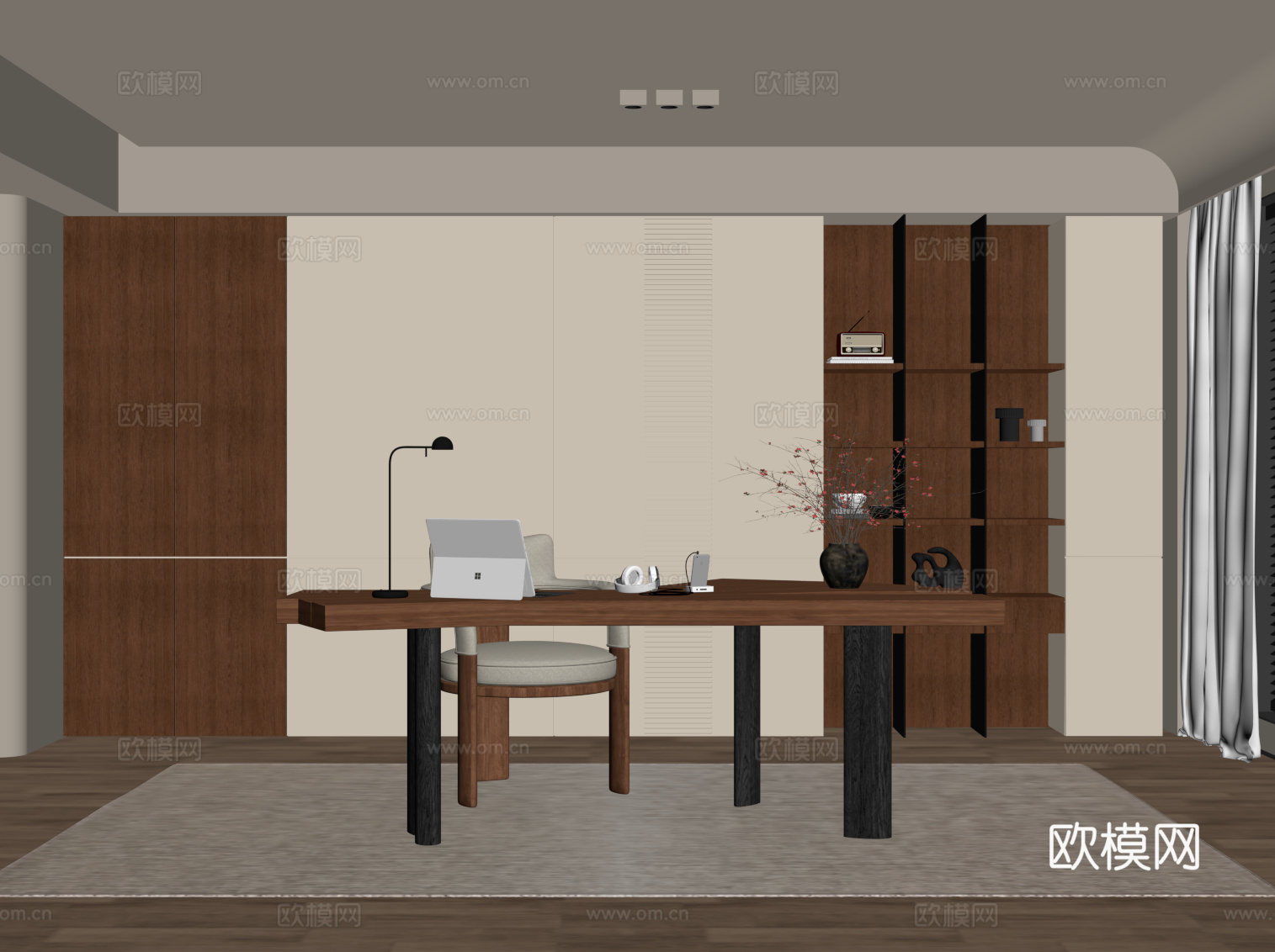 中古风书房 书桌椅 书柜su模型