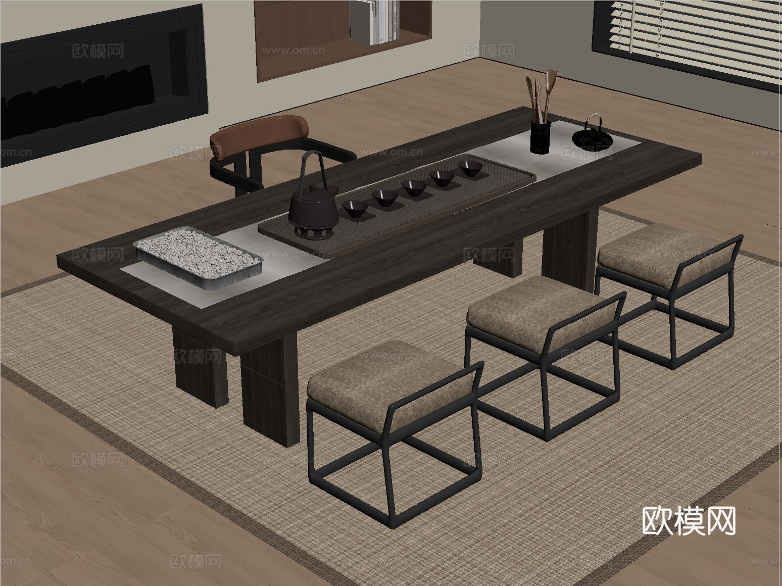 新中式茶桌椅组合 茶具su模型