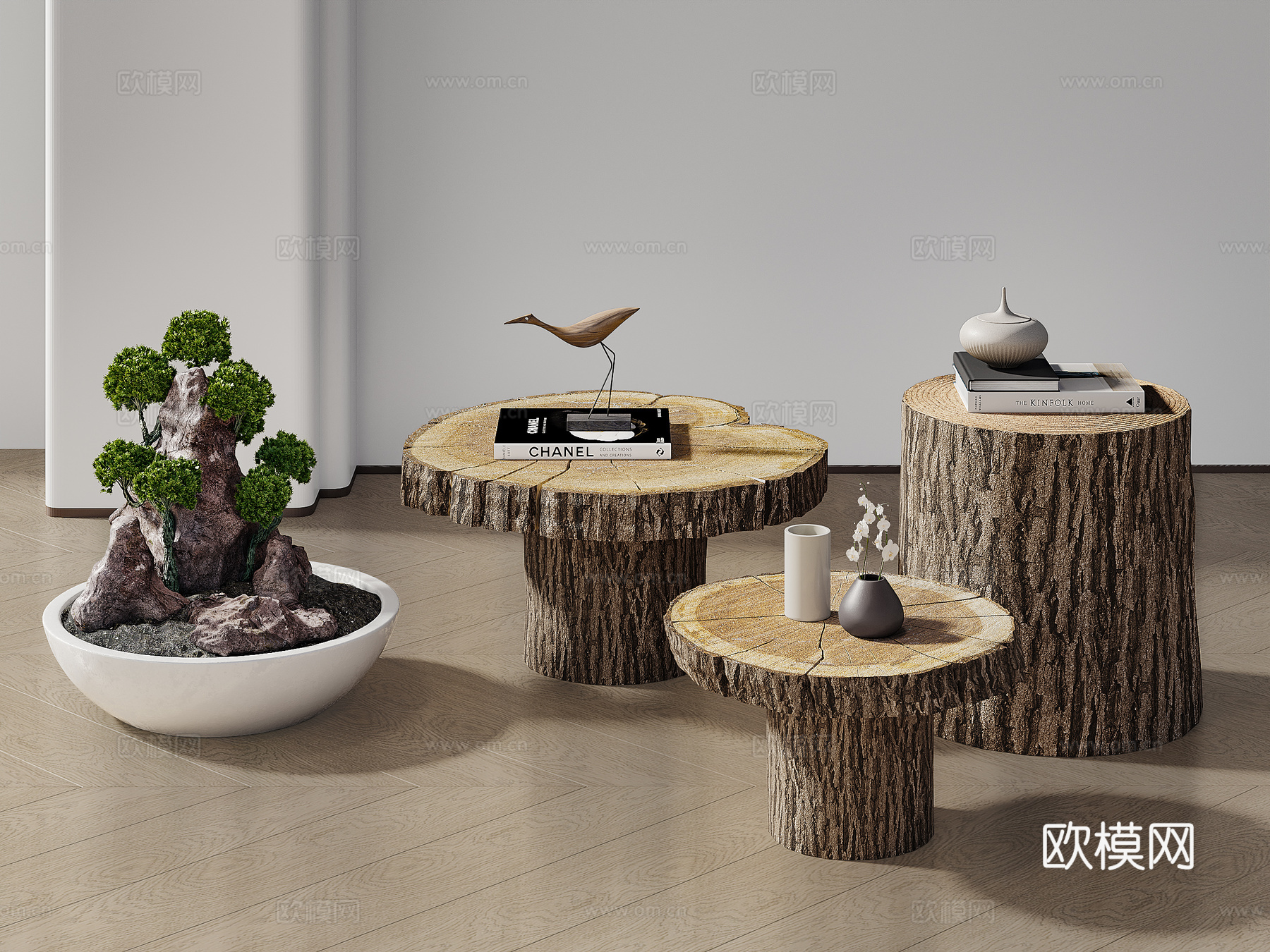 原木风角几圆几 木墩 假山 室内绿植3d模型下载