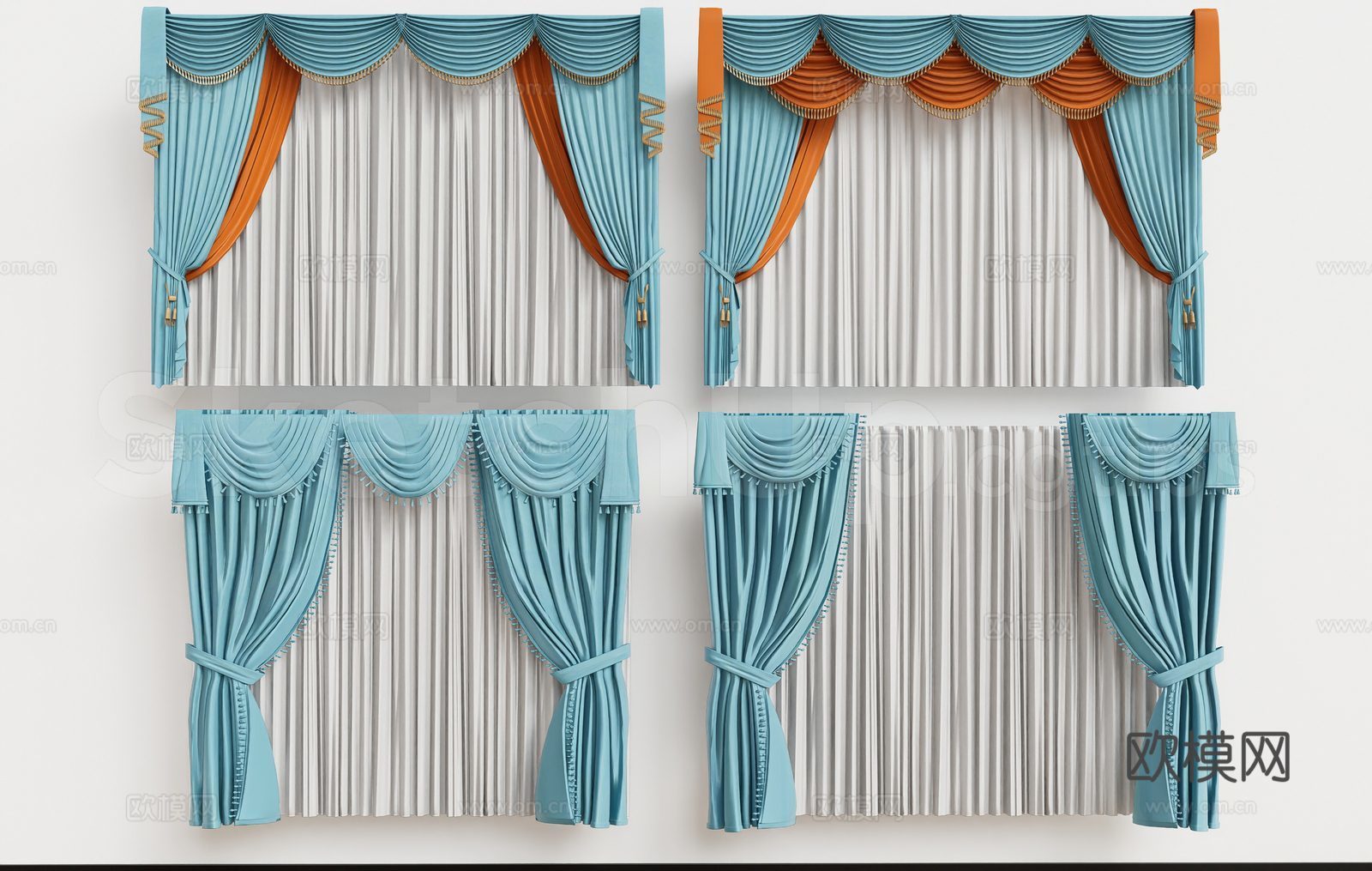 新古典窗帘 蓝色帷幔窗帘 金色绶带帘头 双层纱帘布帘su模型