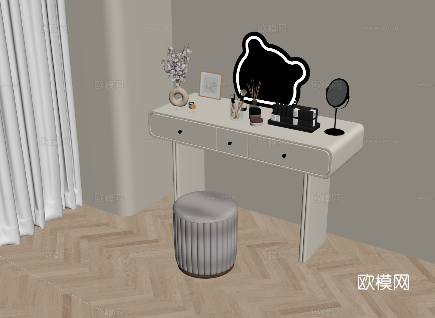 现代奶油风梳妆台su模型