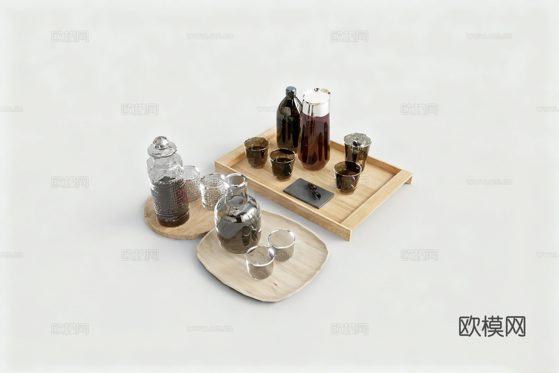 北欧风饮品器具 茶具餐具 玻璃材质器皿 原木托盘底座su模型