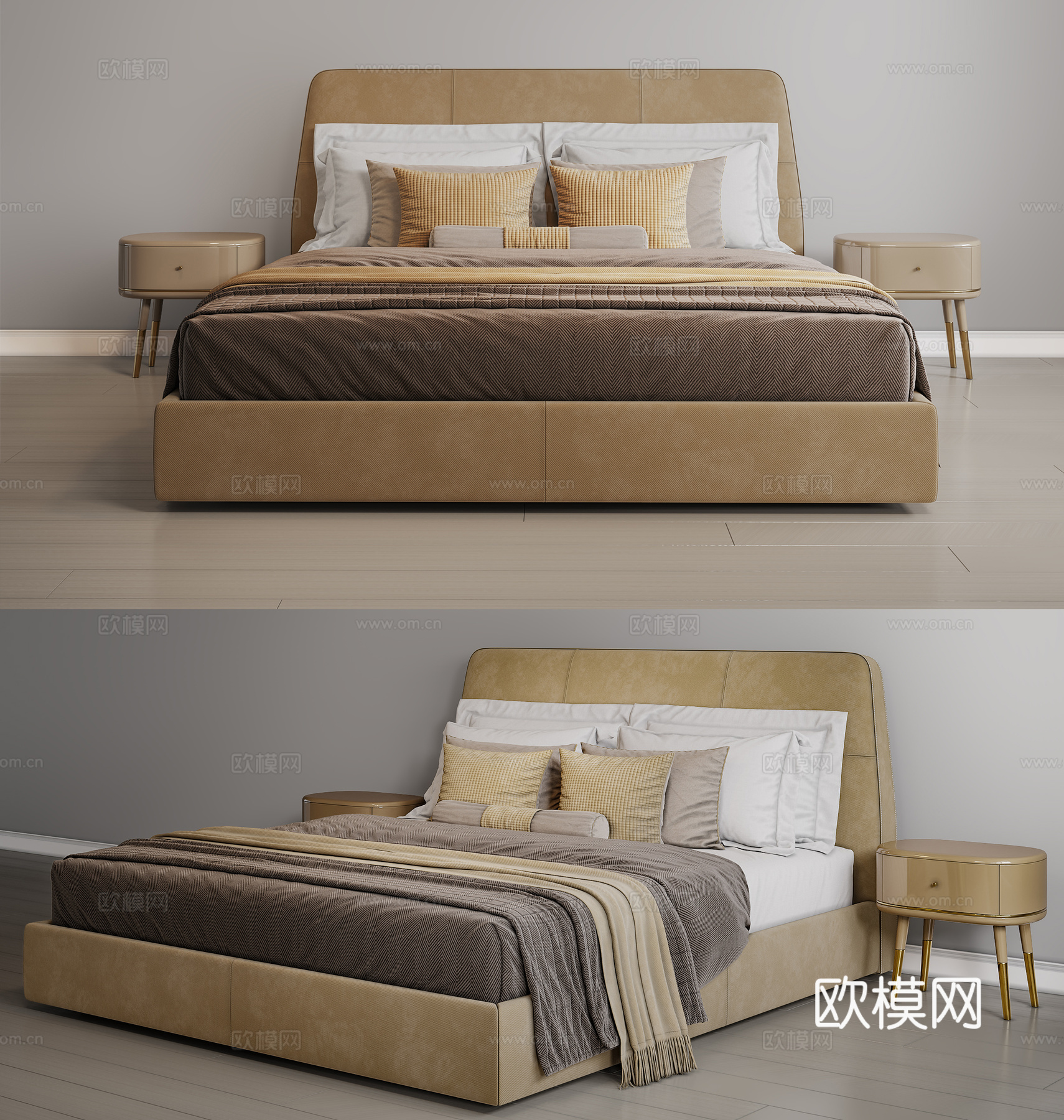简欧双人床 床上用品 床头柜 布艺双人床su模型