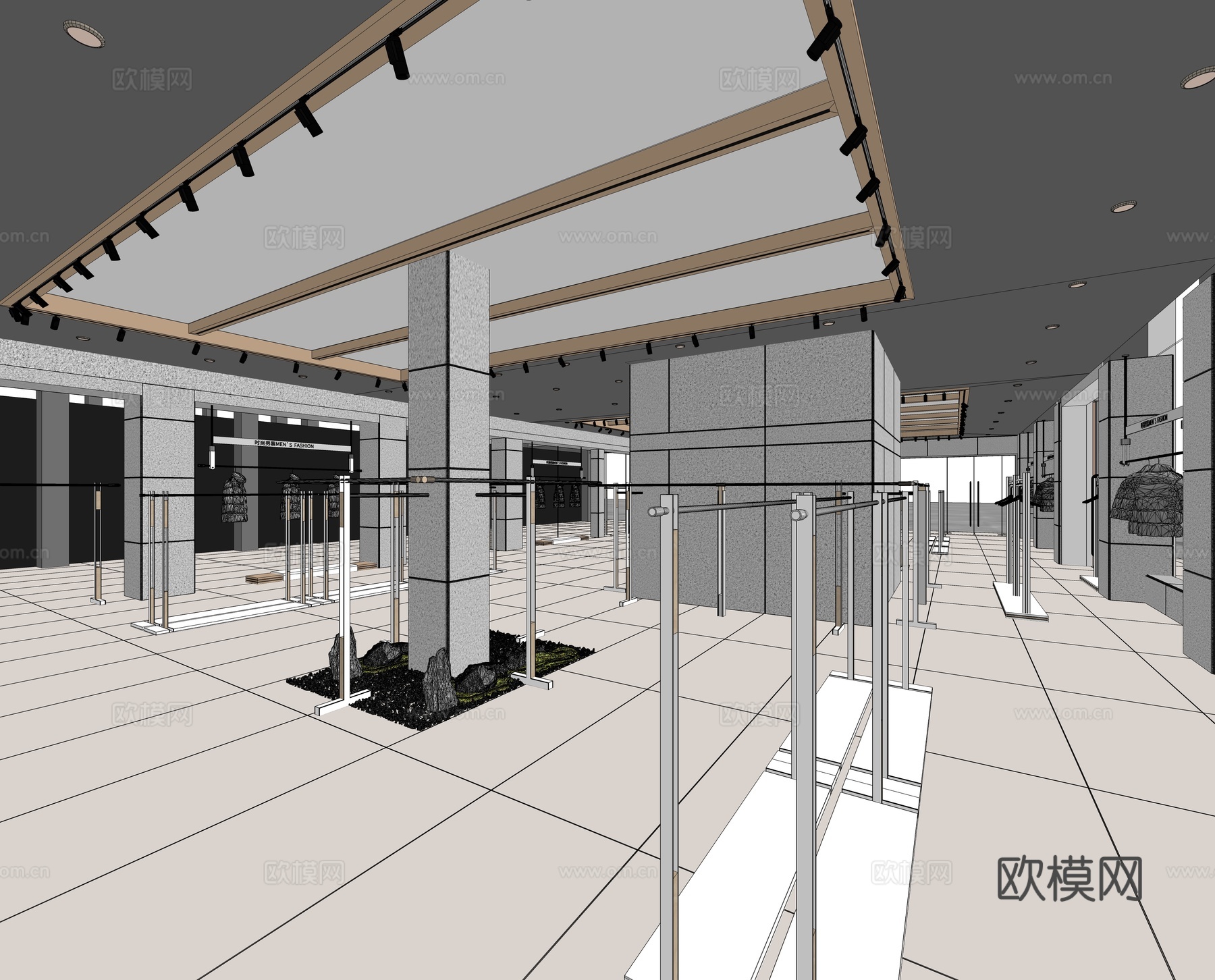 现代潮牌服装店 服装货架 服饰衣架 软膜天花 水包砂艺术涂料su模型