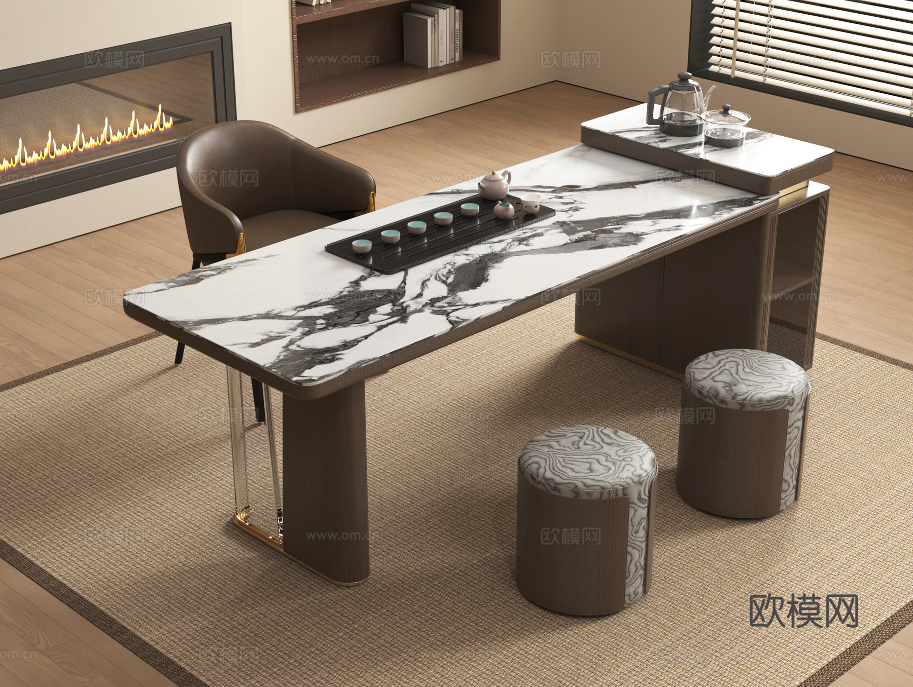 现代岩板茶桌椅组合 茶具su模型