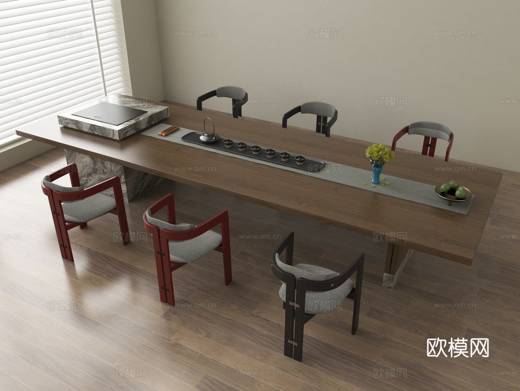 现代茶桌椅组合 茶具su模型
